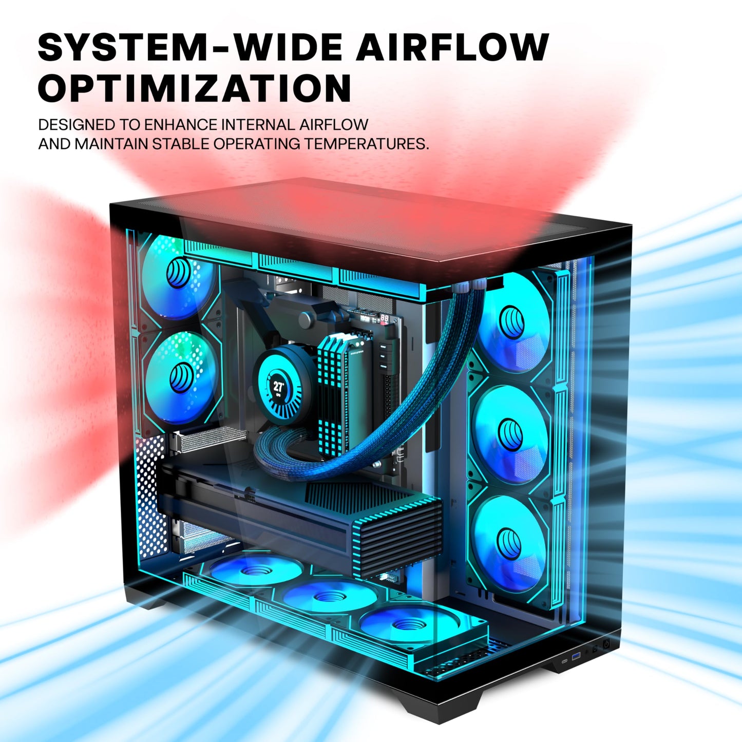 ANSAITE PC CASE 9 PWM ARGB Fans Pre-Installed, Mid-Tower Gaming PC Case, Panoramic Tempered Glass Computer Case with Type-C,420mm&360mm Radiator