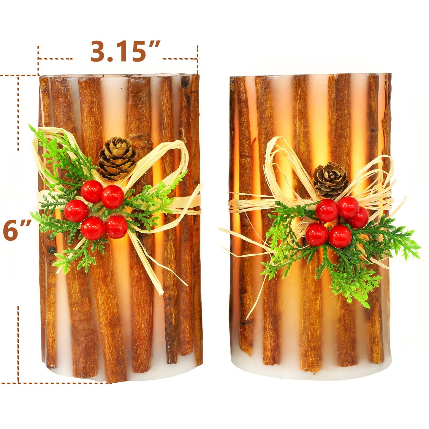 MELTONE Christmas Decorations Flameless Candles Embedded Cassia Bark LED Candles with Remote Real Wax Fake Candles for Home Party Holiday Xmas Decor