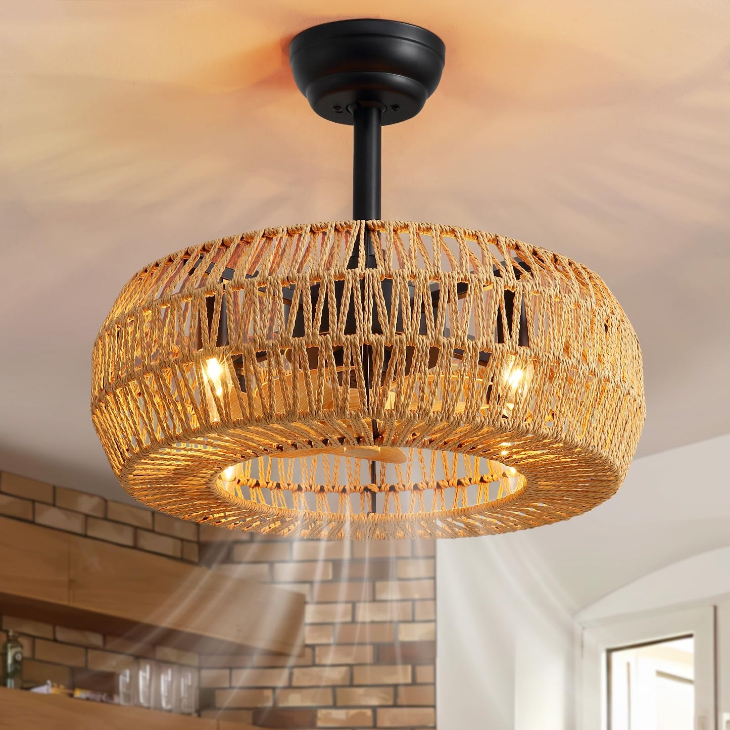 MOOONICHE 20" Boho Caged Ceiling Fan with Lights Remote Control, Rattan Cage Low Profile Bladeless Ceiling Fan, Farmhouse Ceiling Fans with Light