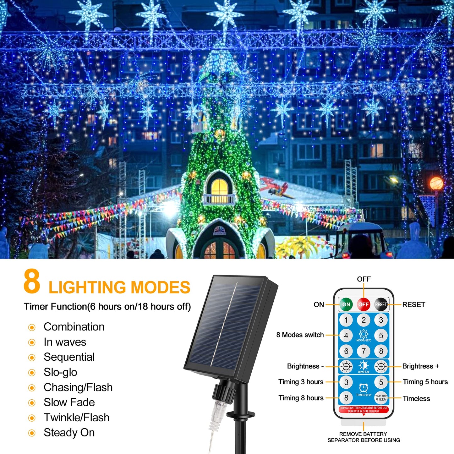 mimigogo 300 LED Solar Icicle Lights Outdoor with Remote Control, 33ft 8 Modes Curtain String Lights with 50 Drops, Christmas Holiday Wedding Party