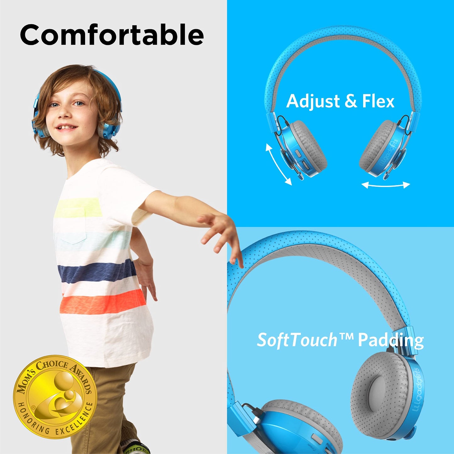 LilGadgets Bluetooth Headphones - Ages 4+ - On-Ear, Blue - Volume-Limited Kids Headphones for School with SharePort Tech & Mic - SoftTouch Padding, 12