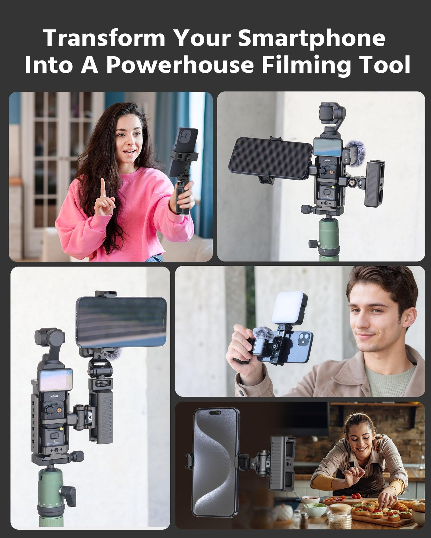ROZOER 360° Phone Clip Mount with 1/4"-20 Screw & Locating Pins for Arri, Rotatable Phone Holder with 3 Cold Shoes for LED Lights, Mics