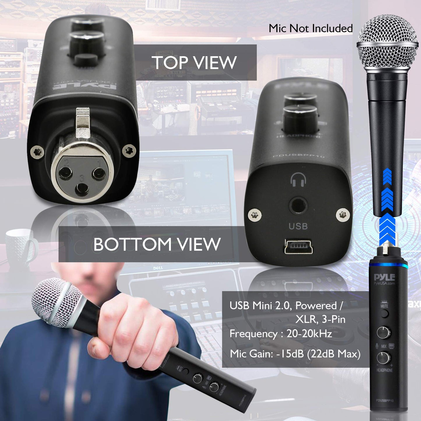 Pyle Microphone XLR-to-USB Signal Adapter - Universal Plug and Play XLR Mic to PC Adaptor for Digital Recording w/ Mix Audio Control, +48V Phantom