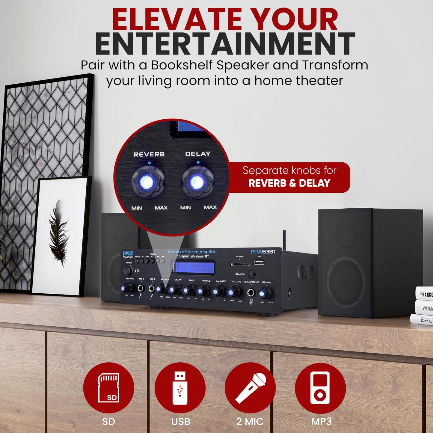 Pyle Wireless BT Stereo Amplifier - Multi Channel, 200 Watt Power, Home Audio Receiver System with FM Radio, BT, USB SD, AUX, RCA, Mic-in, BT and FM
