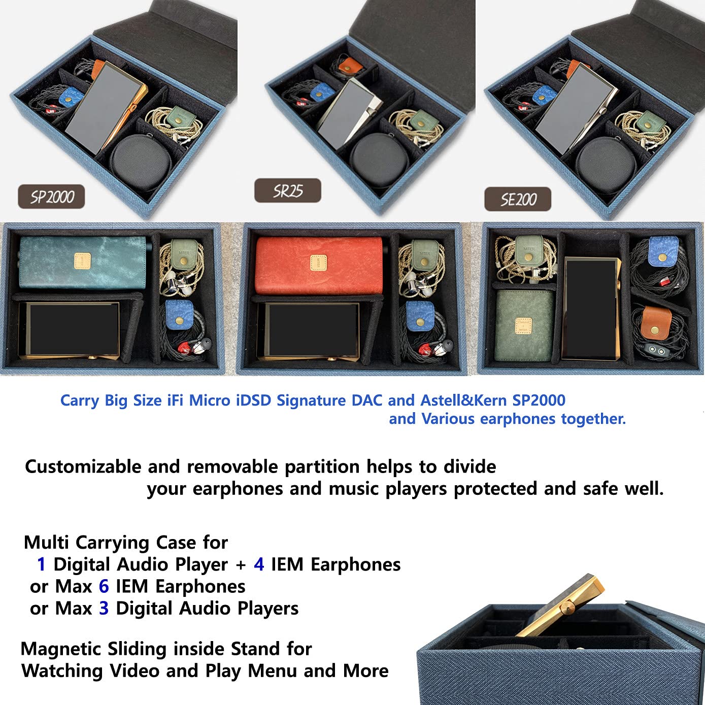 Miter Carrying case for DAP + Earphone, Handmade Italy PU Leather Hard Standing case for 6 IEM Earphones or 3 Digital Audio Players Storage Carry
