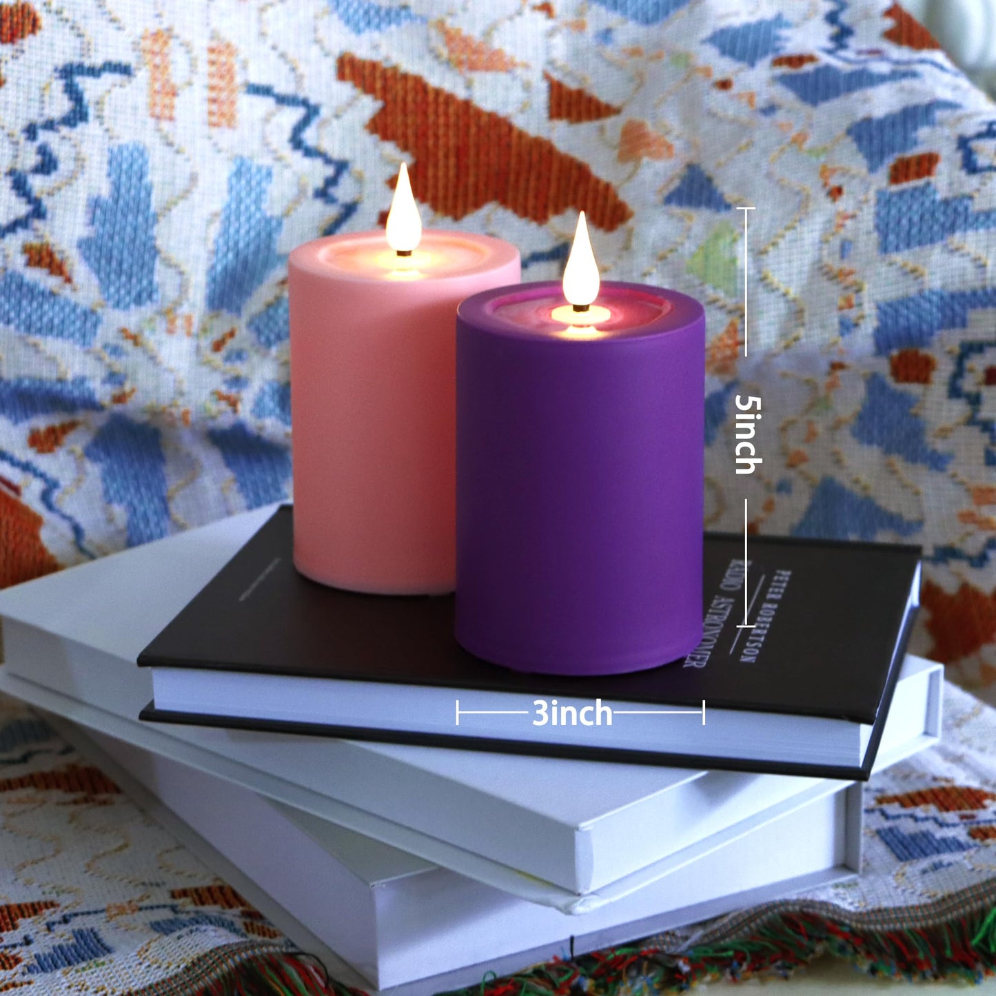Yunsheng Flameless Advent Candles Purple and Pink, 5 Inch Battery Operated LED Pillar Candles With Remote Timer, 350+ Hours Long Lasting for Christmas