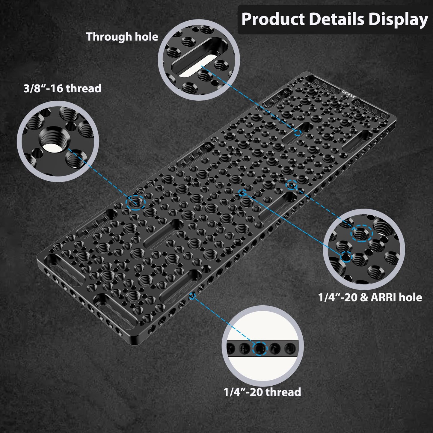 DINESK Multi-Functional Camera Cheese Plate with 1/4"& 3/8 Threads,11.81" Long Cheese Plate Aluminum Alloy Breadboard for Cameras,Monitors and Tripod