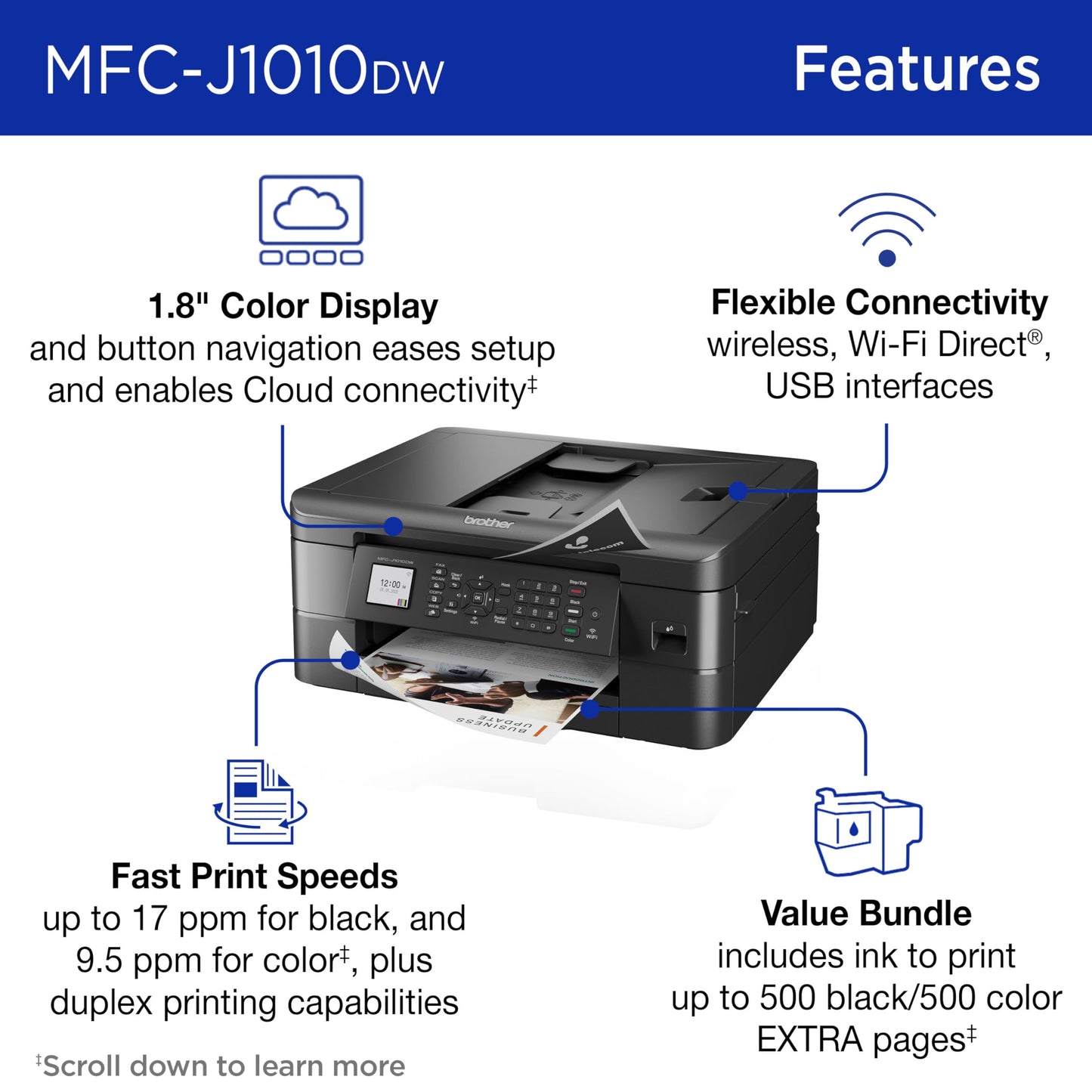 Brother MFC-J1010DW Wireless Color Inkjet All-in-One Printer Additional Ink Bundle with High-Yield Black and Color Genuine Ink Cartridges