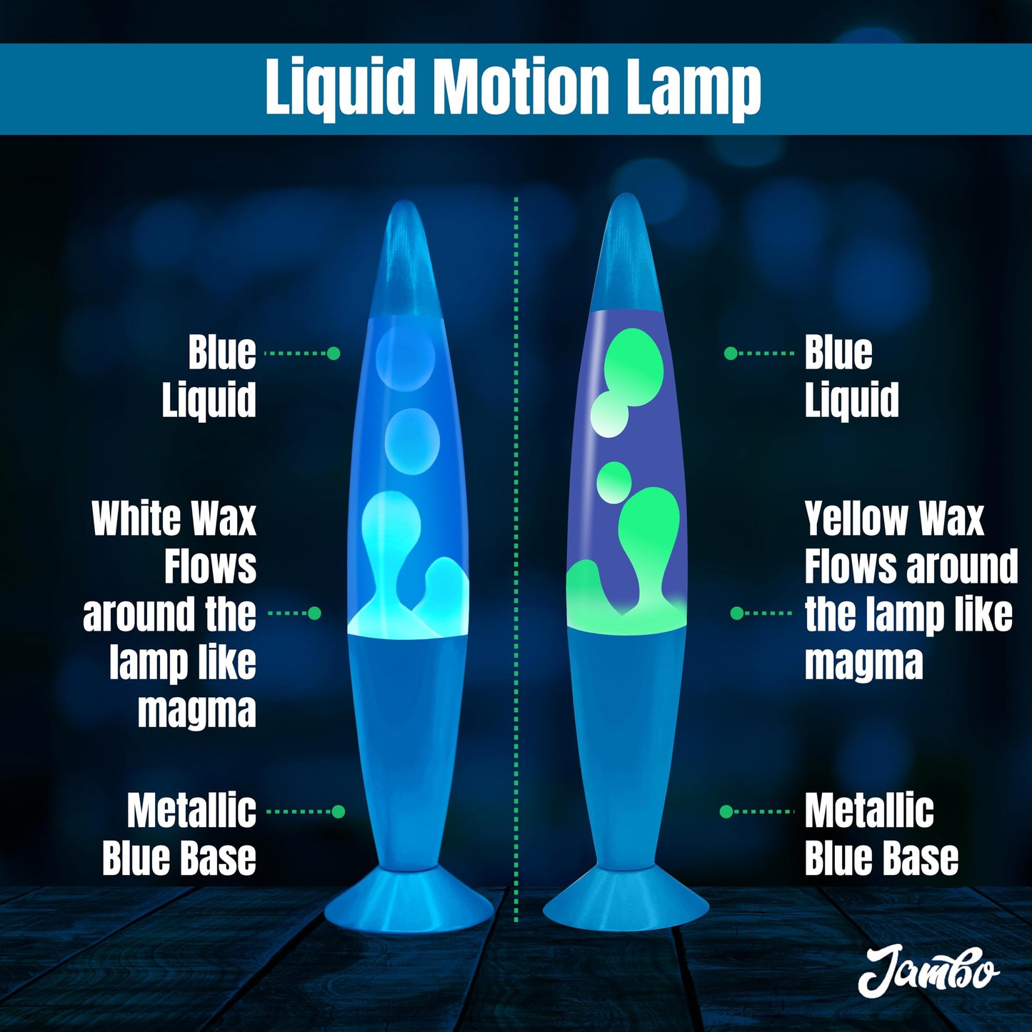 JAMBO 2 Pack- 16" Beautiful Lamp- Blue with Blue/White Wax and Blue with Yellow Wax, Relaxing Liquid Lamp, Night Light Nightlight, Lamps for Adults