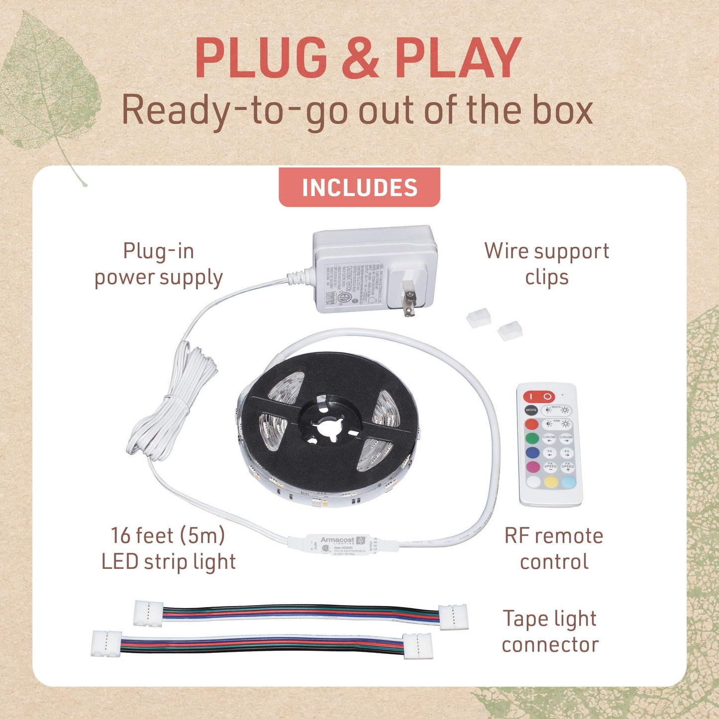 Birch Lighting Multicolor RGBW Smart LED Strip Light Kit, 16ft with Remote 351123