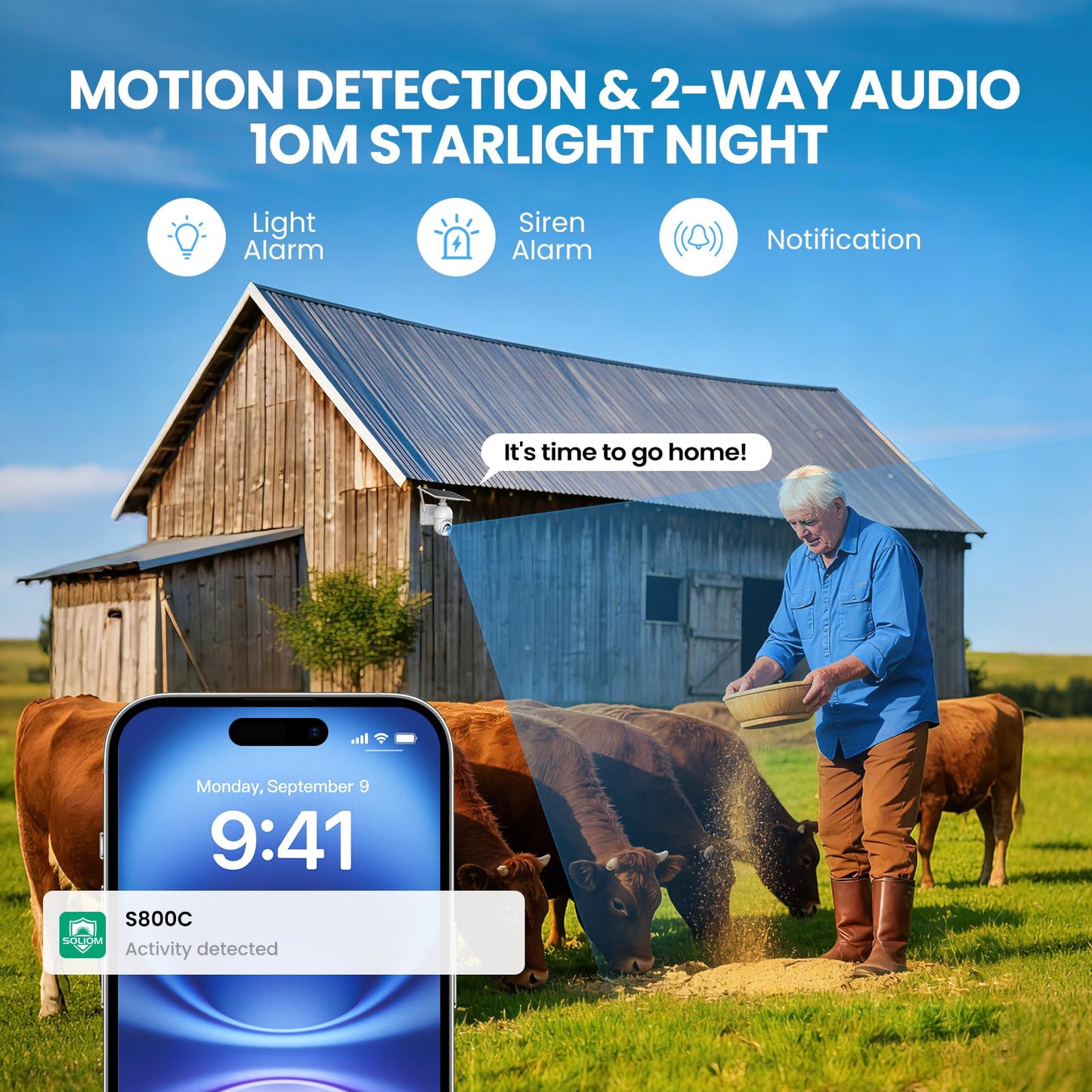 SOLIOM S800 4G LTE Cellular Security Camera Outdoor, No WiFi Solar Powered Camera for Home Security with SIM Card, 2K Color Night Vision, 360° View