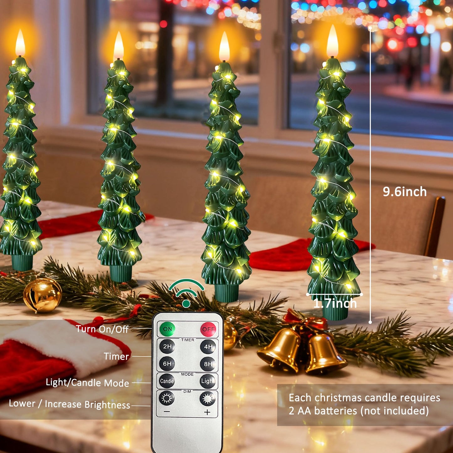 Christmas Tree Taper Candles with Flickering String Lights, 7.9 Inch Flameless Candles with Remote Timer, 2 modes Battery Operated Candle for Table