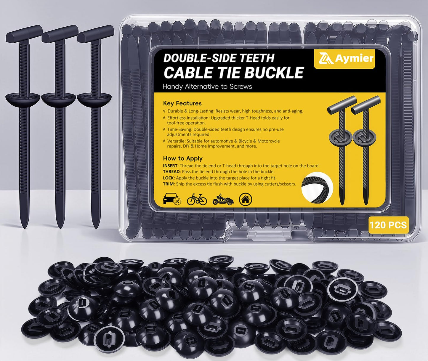 Aymier 120 Pcs Nylon Universal Cable Tie Buckle with Clear Storage Box, Upgraded Double-Sided Teeth Self-Locking T Rivet Zip Tie Kit for Car Fender