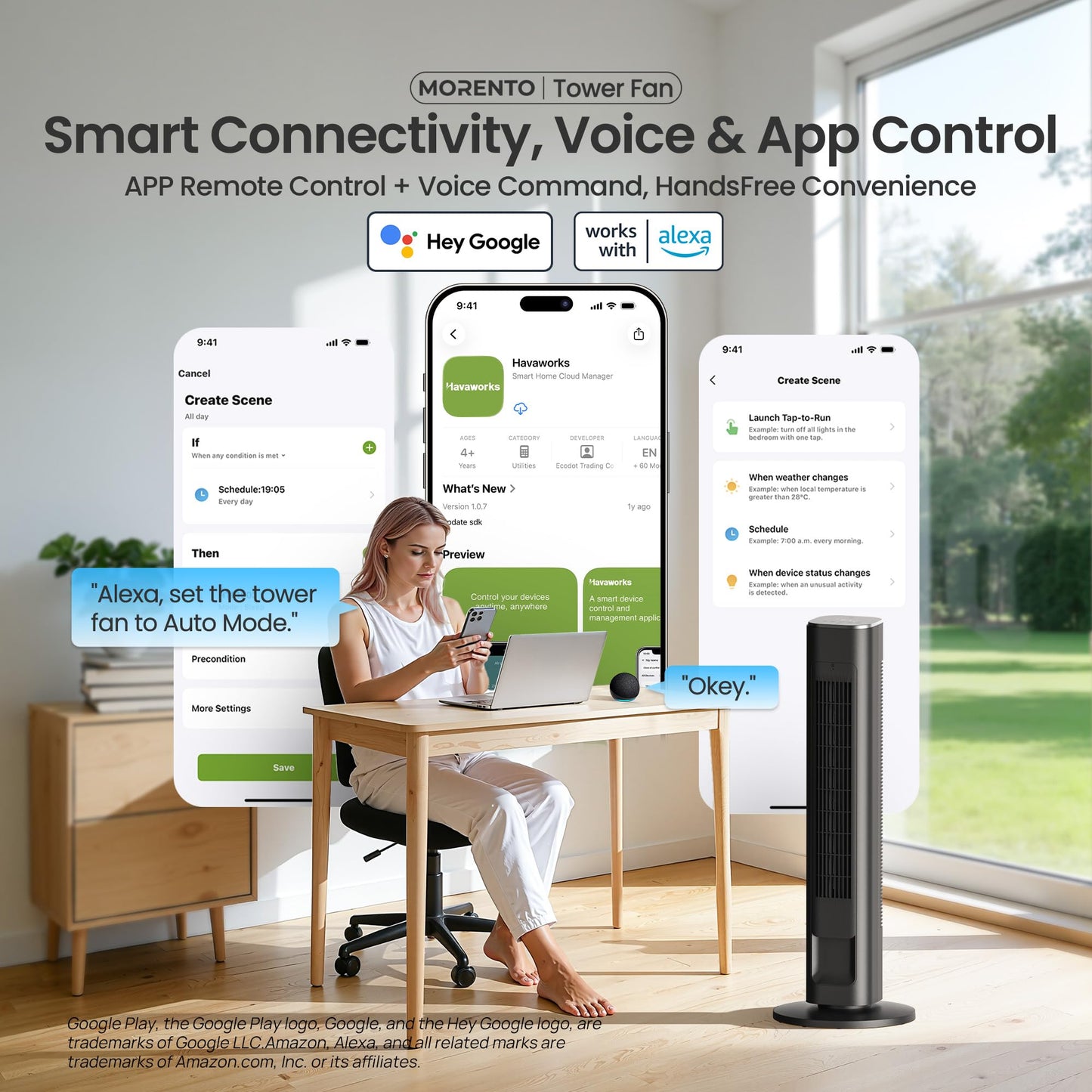MORENTO Smart Tower Fan, WiFi, 25dB Quiet, 25ft/s, 4 Modes 4 Speeds, Black