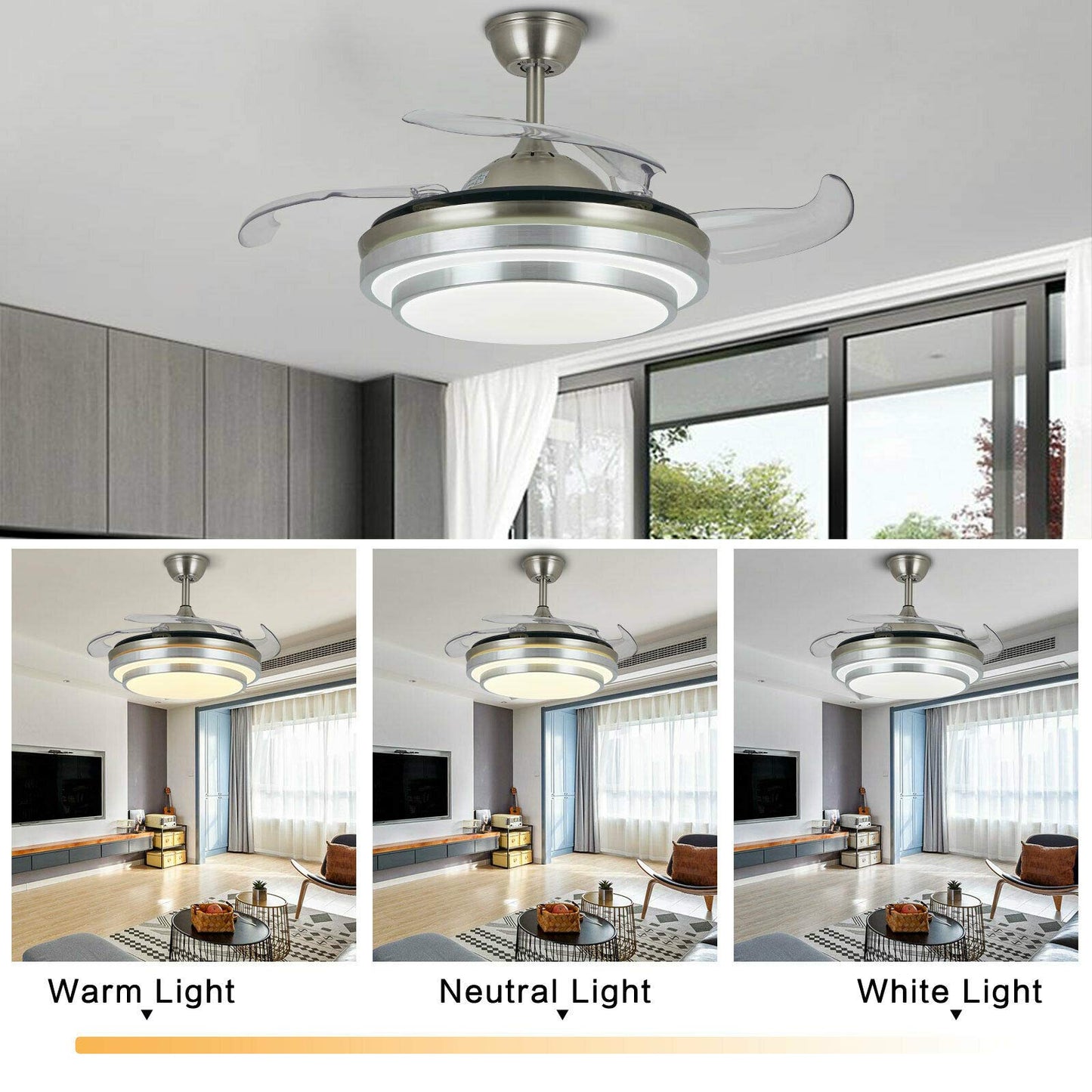 YIYIBYUS 42" Ceiling Fan with Light, Invisible Retractable Blade Chandelier with Remote Control 3 Colors 3 Speed Adjustable Chandelier Ceiling Plate