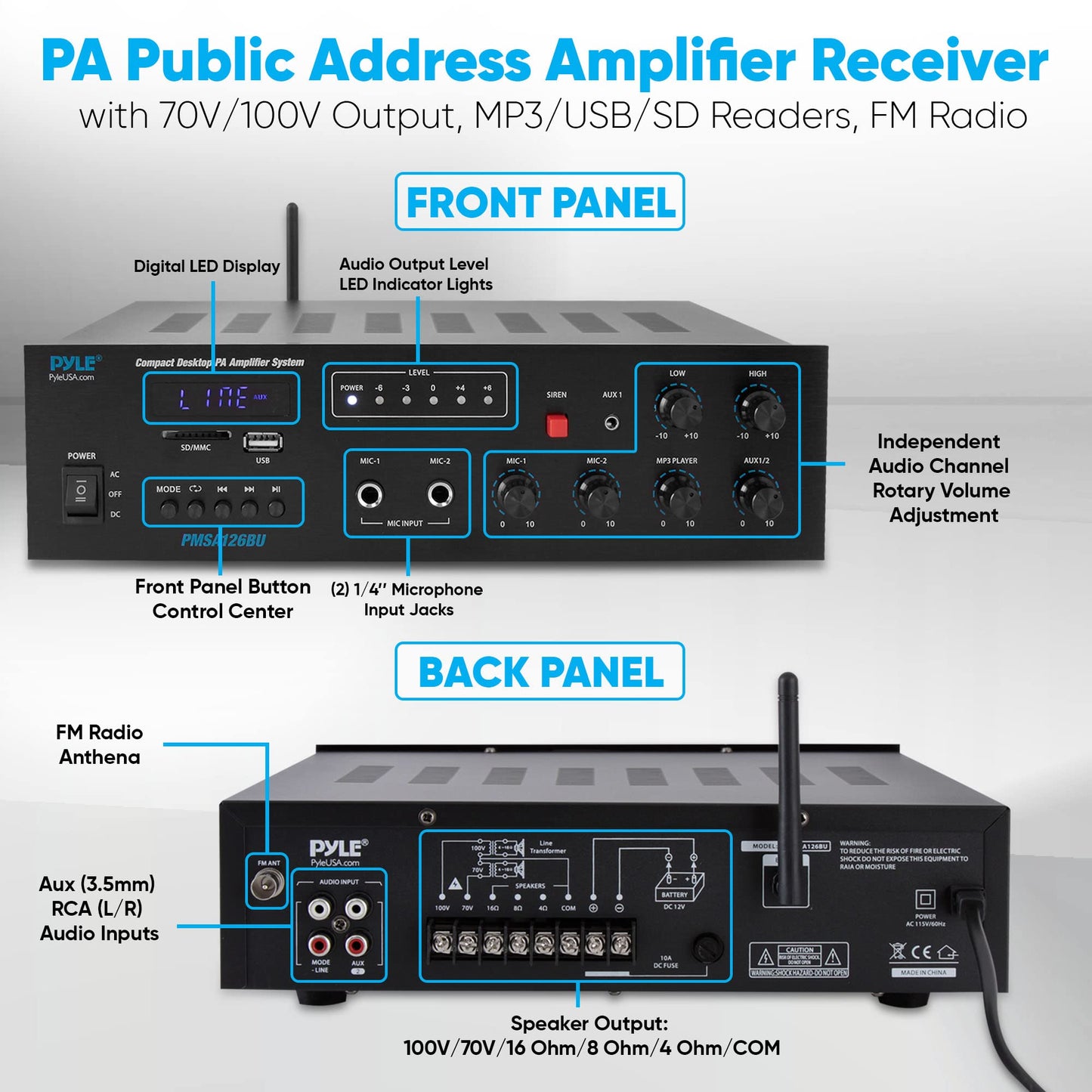 Pyle Public Address Amplifier - 500W Compact Digital Receiver w/ 70V 100V Output, Dual Mic Input, USB-A Input w/ MP3 Player, FM Radio, RCA | Home