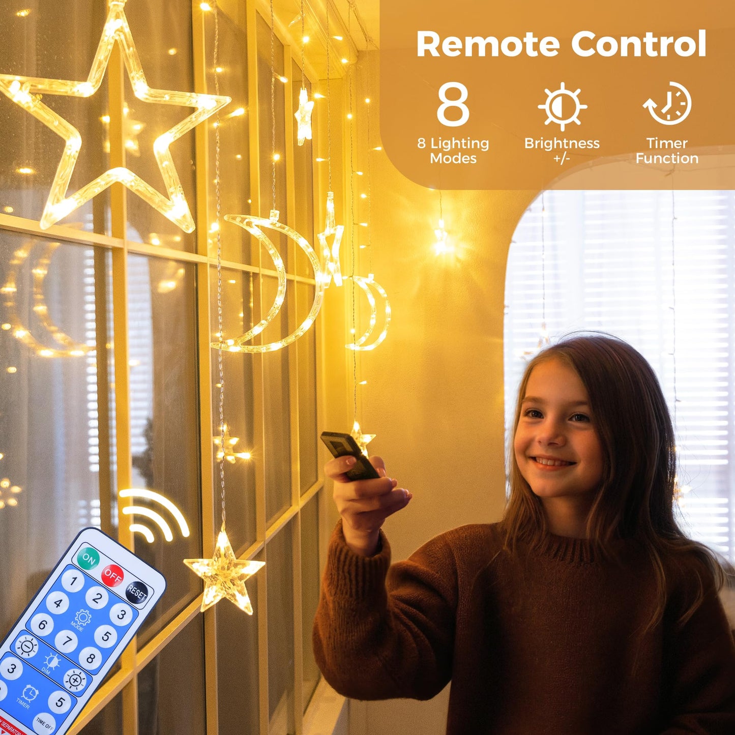 Qunlight Ramadan Solar Icicle Lights,10.8ft 138 LED Outdoor Waterproof Moons Stars Curtain Window String with 8 Modes Timer Remote,USB Rechargeable