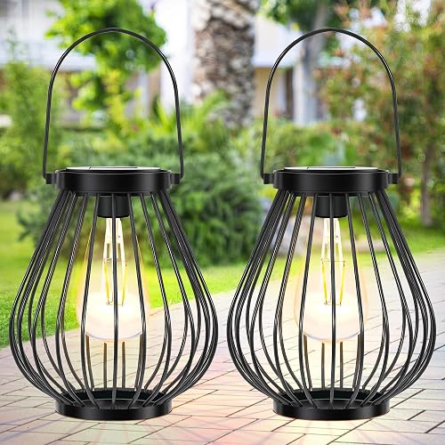 HPC Decor Outdoor Solar Lantern, 2PK Hanging Solar Powered Metal Light with Handle, Waterproof Wireless Warm Retro Bulb Design Lamp for Yard Garden