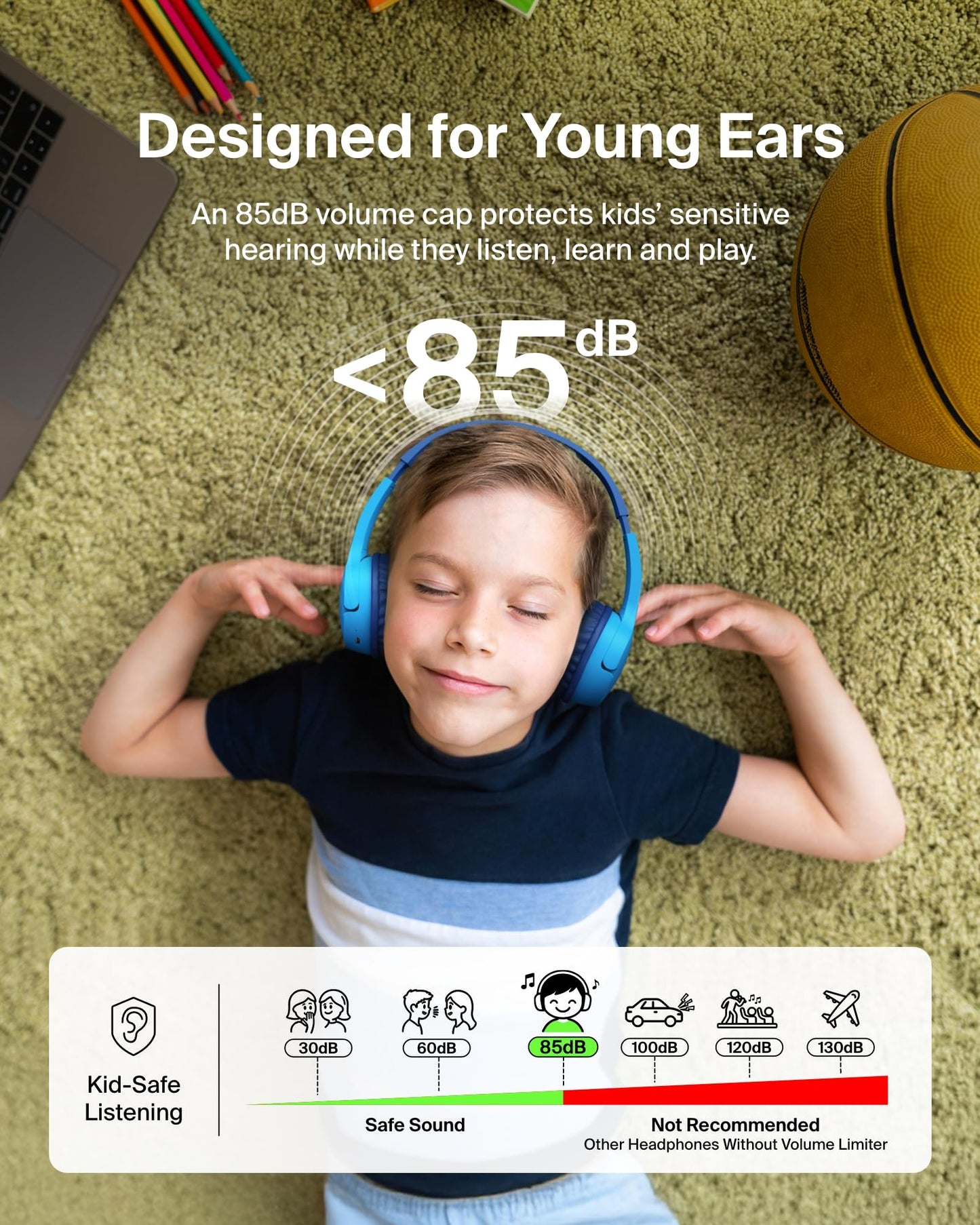 Belkin SoundForm Mini - Wireless Bluetooth Kids Headphones, 30H Battery, 85dB Safe Volume Limit, Built-in Microphone - Toddler On-Ear Earphones