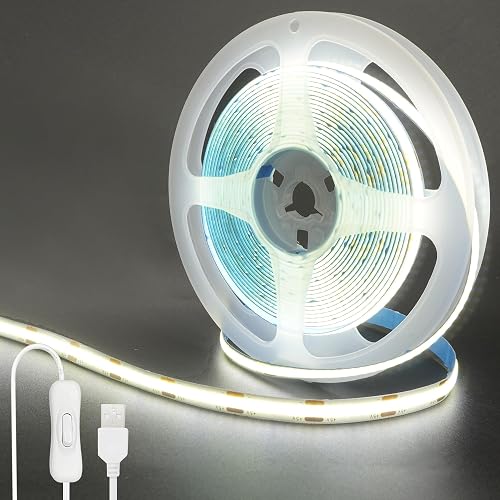 Clearhill 5V USB COB LED Strip Lights with Switch 2Packs,16.4FT/5M,Cool White 6500K,320LEDs/M,8mm Width,Not Waterproof IP20,1M USB Cable,for DIY Home