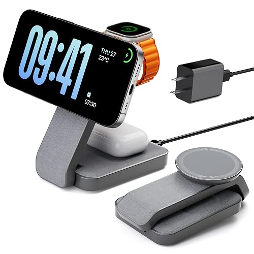 Eazpower 3 in 1 Foldable Wireless Charging Station for MagSafe, Nightstand Magnetic Charger Stand for iPhone 17 16 15 14 Pro Max, Travel Charging Dock