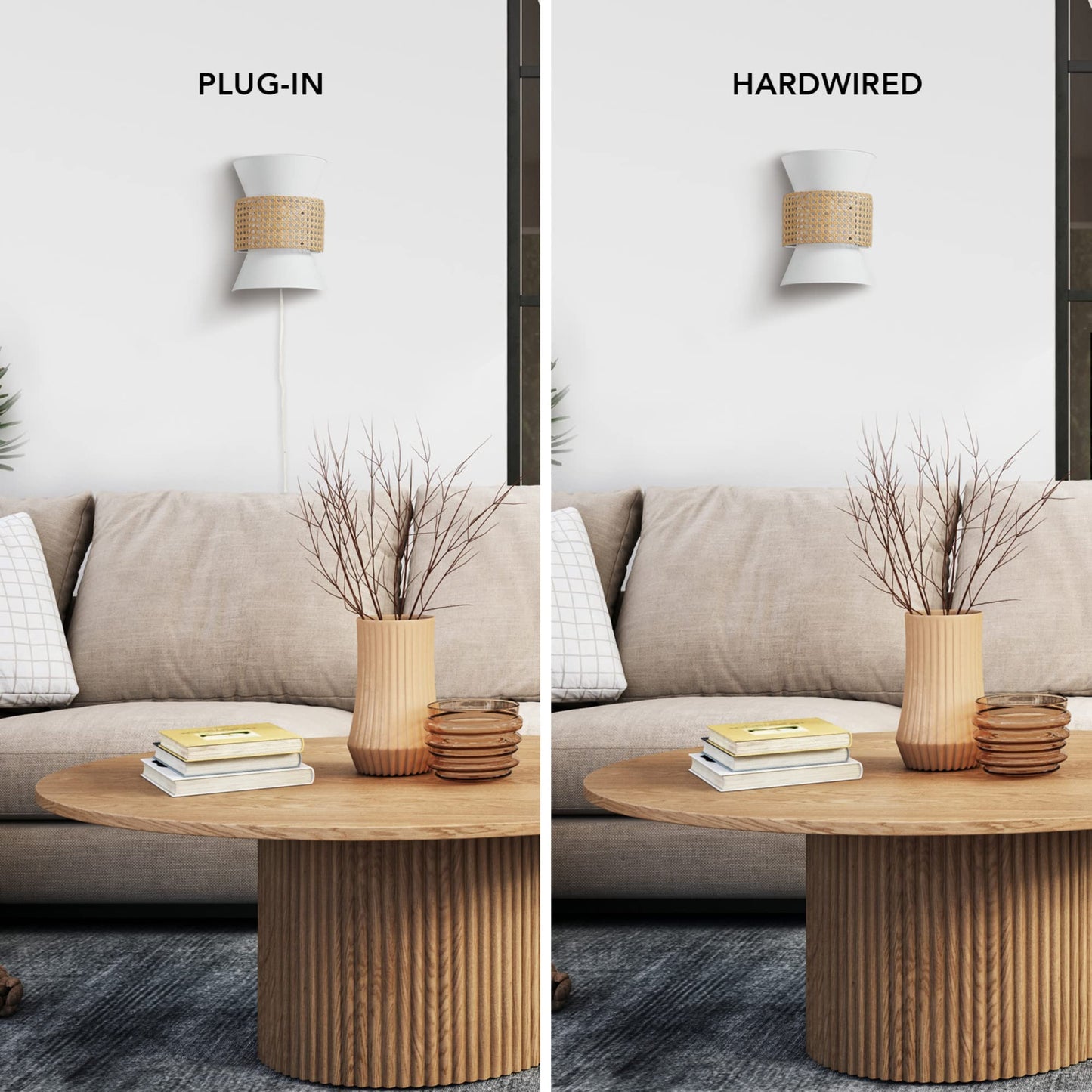 Globe Electric 65925 2-Light Plug-in or Hardwire Wall Sconce, Matte White Fabric Shade with Natural Rattan Accent, 6ft Braided Cord, in-Line Rocker