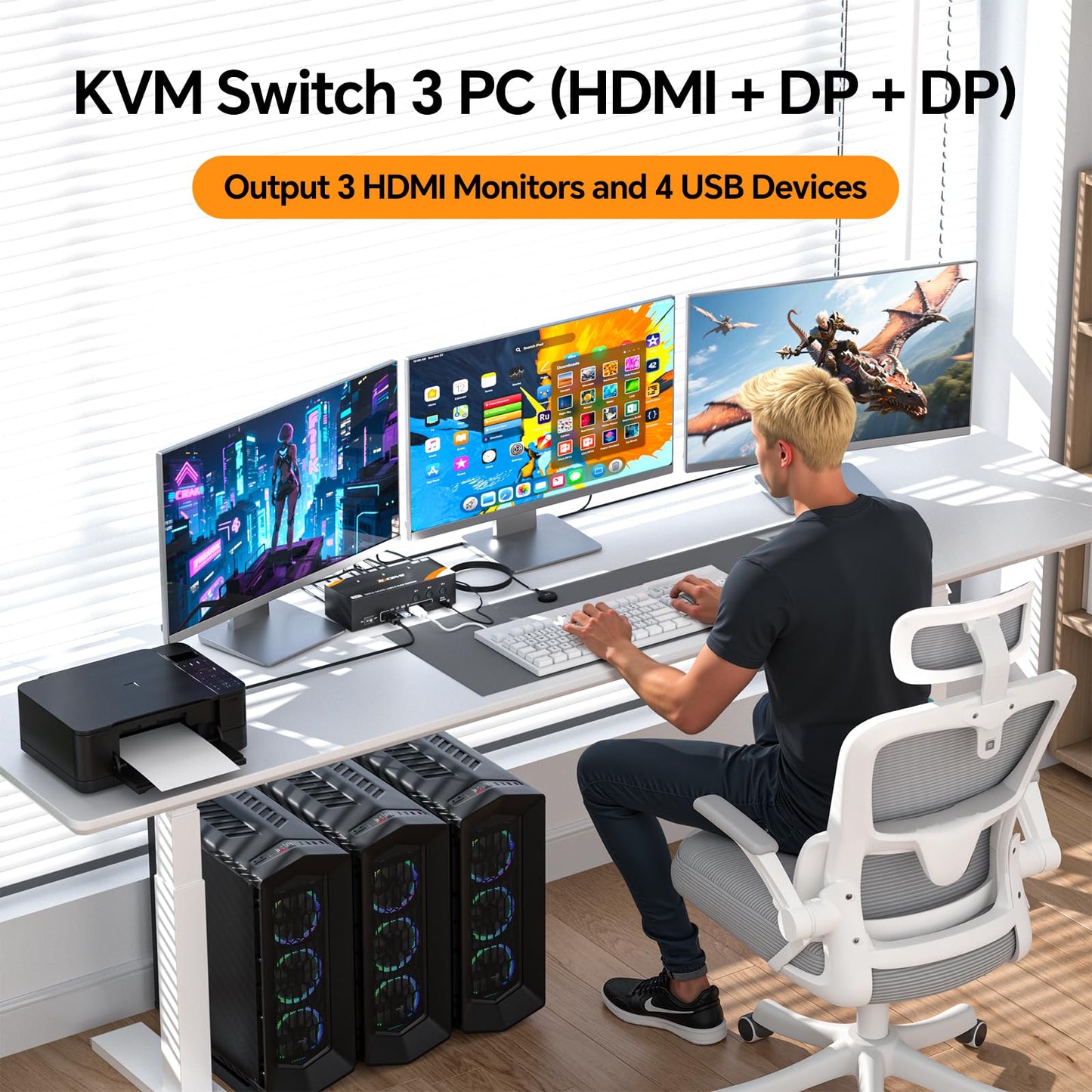 KCEVE 8K KVM Switch 3 Monitors 3 Computers Displayport HDMI, USB 3.0 KVM Switch Triple Monitor 4K@144Hz 8K@60Hz for 3 Computers Share Keyboard Mouse