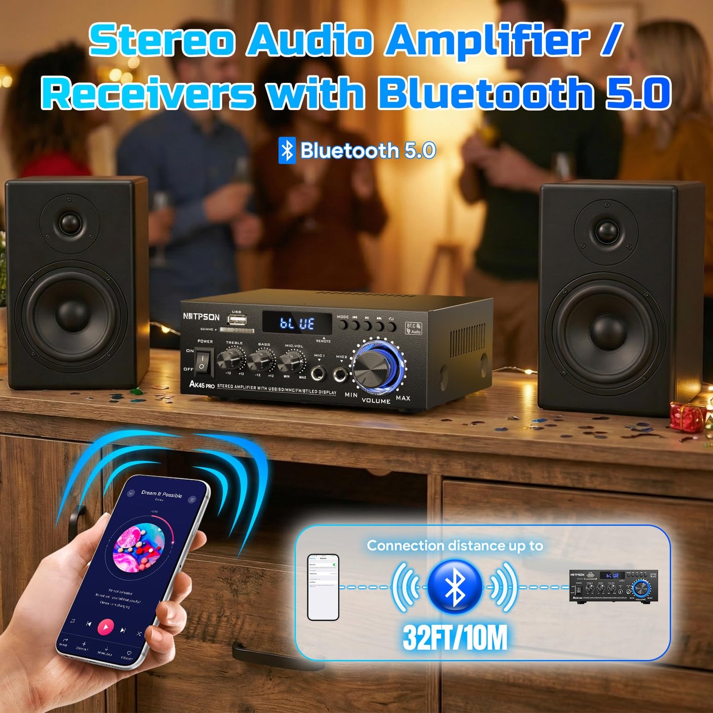 NBTPSON AK45 Bluetooth Stereo Receiver Amplifier,800W Home Audio Amp with FM Radio,USB/SD Inputs Remote Control, Wireless Power Amplifier for Home