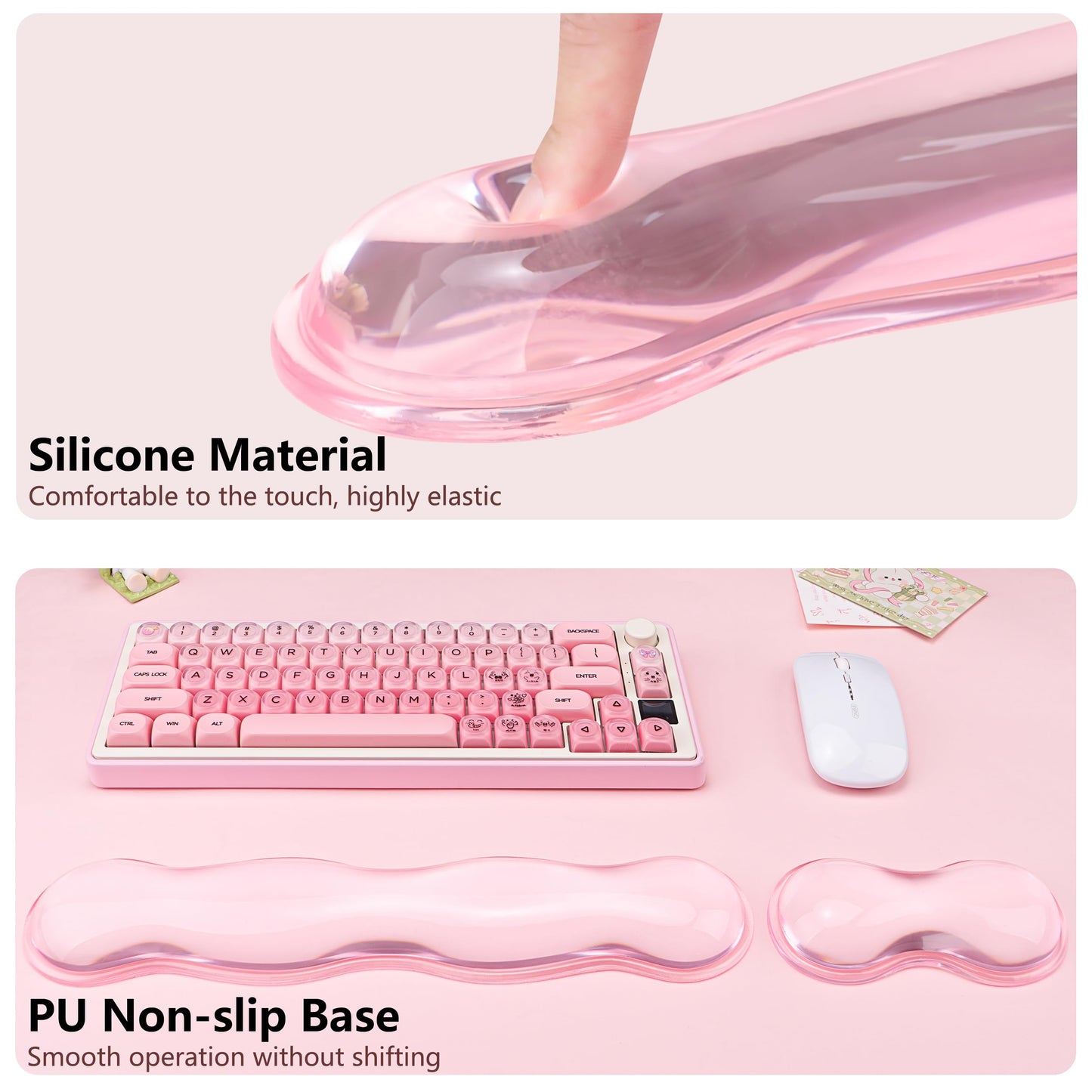 TIMSEKER Gel Wrist Rest for Keyboard and Mouse - Pink Soft Ergonomic Silicone Wrist Rest, Clear Cute Desk Accessories for Gaming, Computer, Laptop