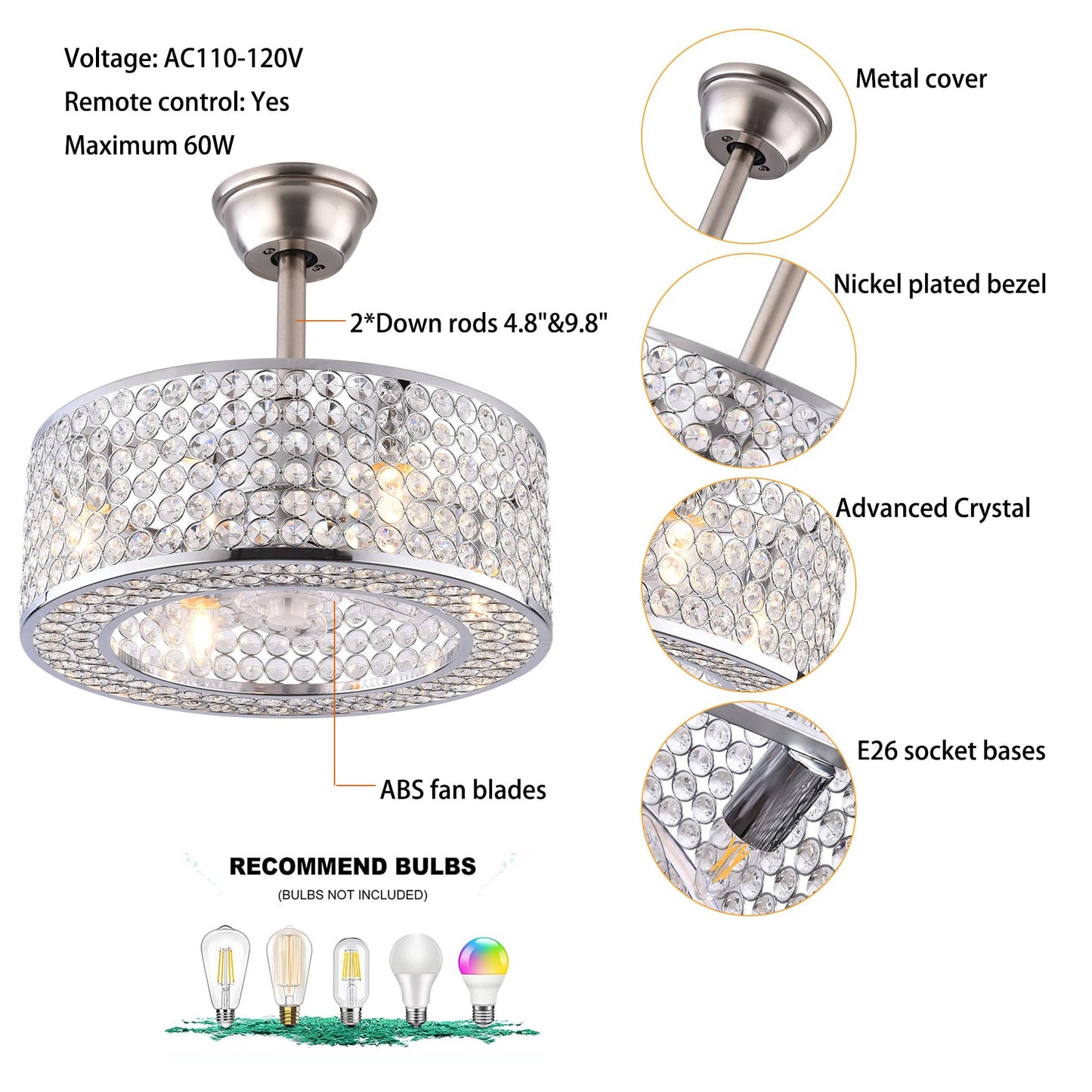 Industrial Cage Semi Flush Mount Light with Fan,18 Inch Ceiling fan Light with Remote Control,Crystal Shade Design,Acrylic Blades,Enclosed Fan,Quiet