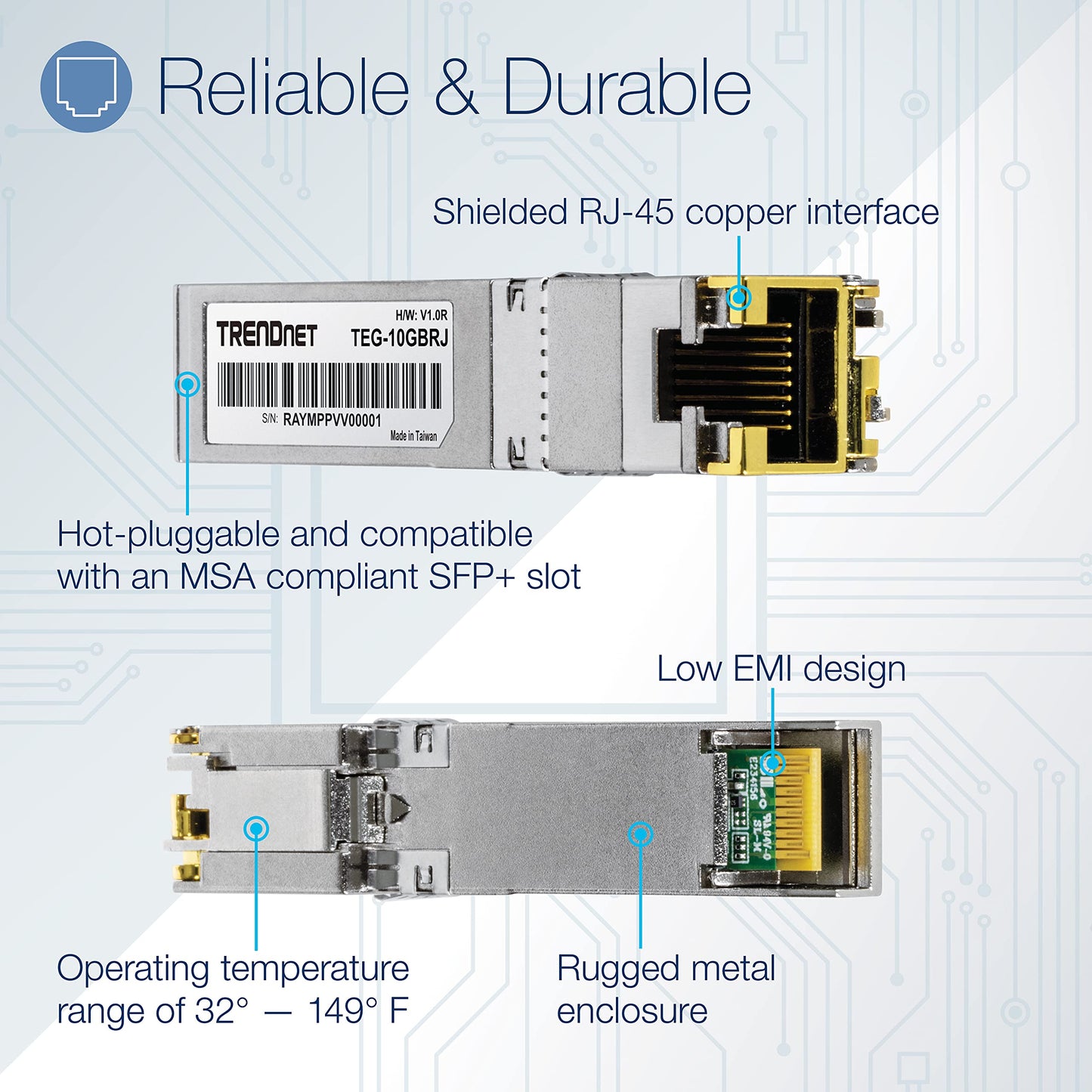 TRENDnet 10G RJ-45 Copper SFP+ Module, Convert A Standard SFP+ Slot Into A RJ-45 Multi-Gigabit Port, Connect Devices Up to 30m (98ft), Hot-Pluggable