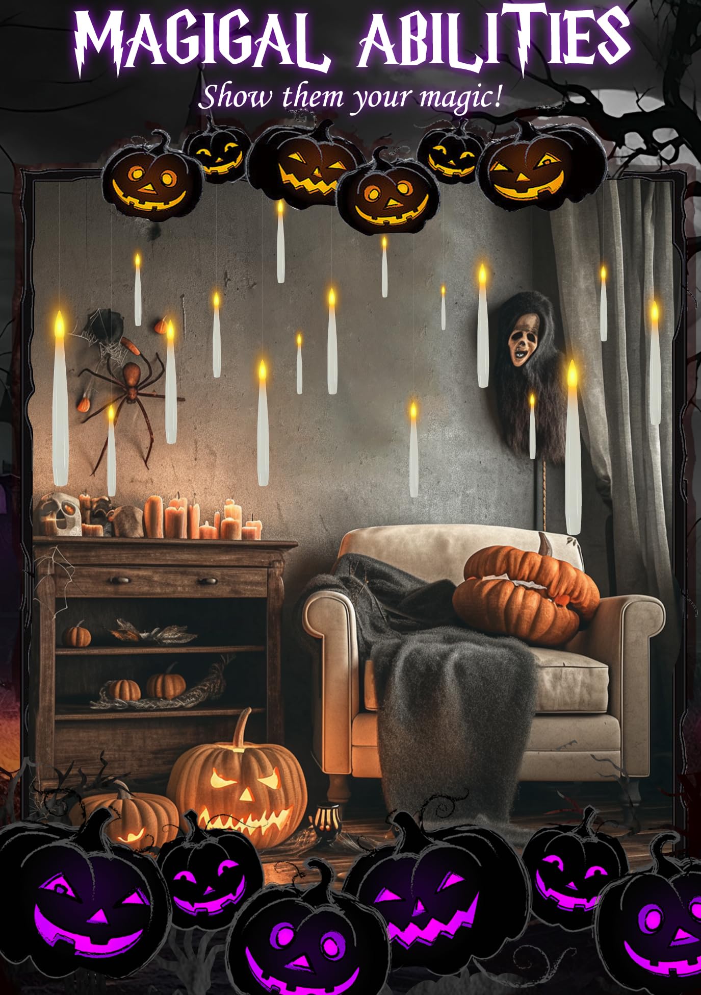Dreacompy Halloween Decoration, Floating Candles with Wand, 10 PCs Flameless Magic Hanging Candles with 11 AAA Battery, Flickering Warm Light Floating