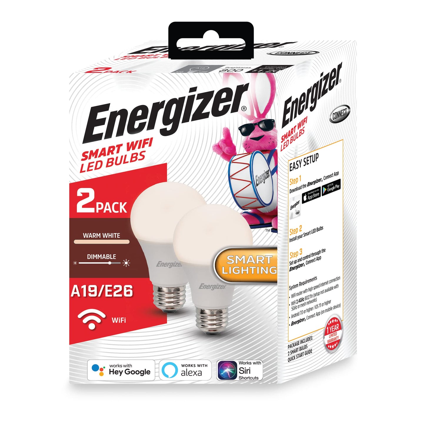 XTREME Energizer Smart Wi-Fi LED Light Bulb, Warm White, 60W, 800 Lumens, Compatible with Alexa, Google Assistant and Siri, Control from Anywhere