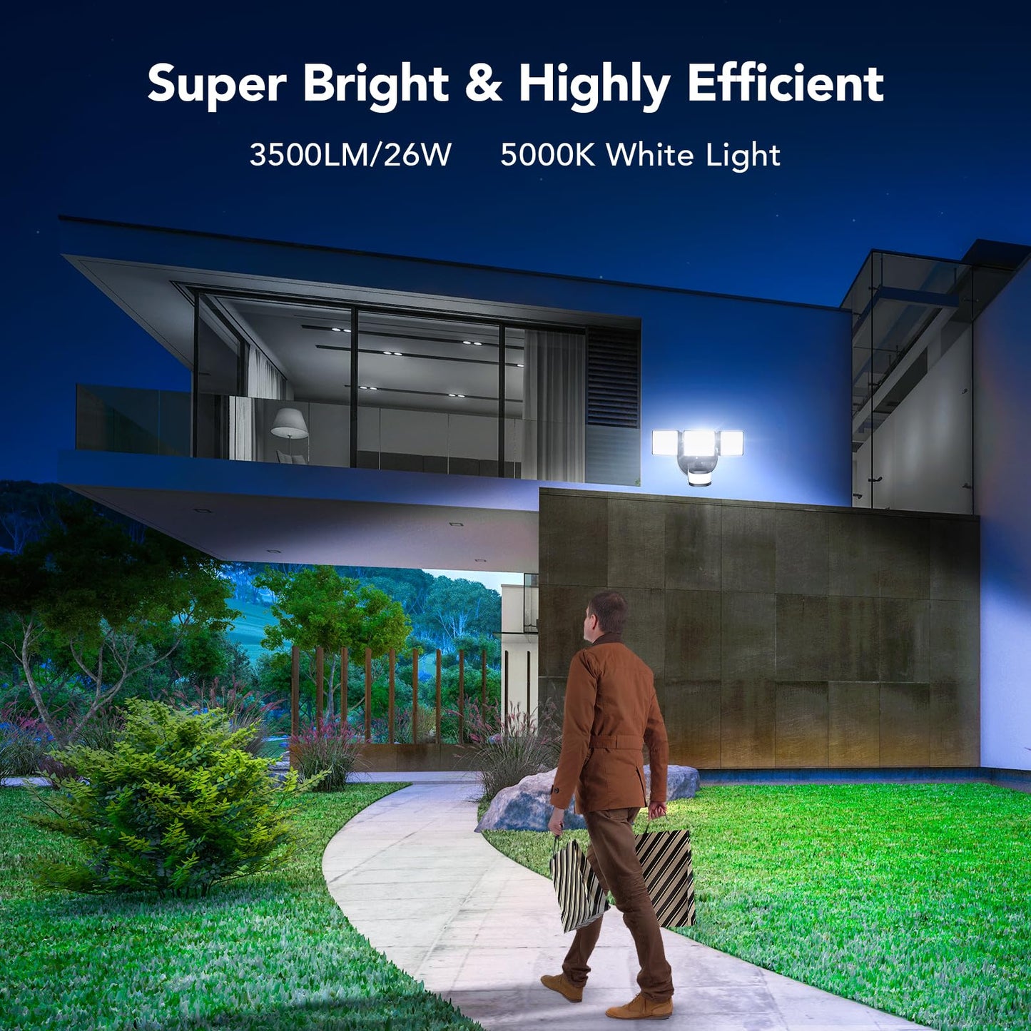 OREiN Motion Sensor Outdoor Flood Light, 26W 3500LM LED Security Light, 240° 40FT Detection, Dusk to Dawn/Auto/Test Modes, IP65 Waterproof for Garage