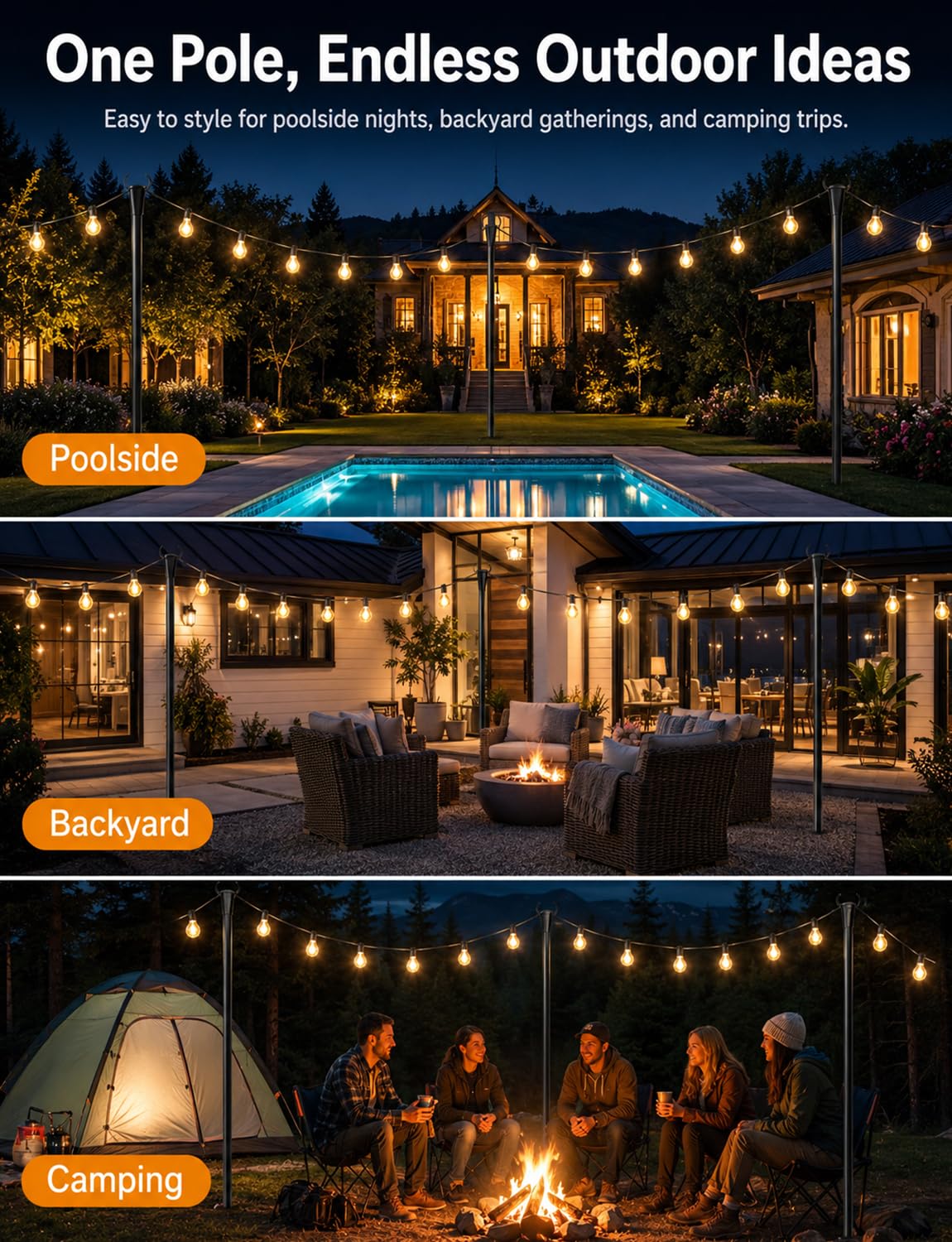 4 Pack String Light Poles for Outside, Thickened Metal Christmas Lights Hanger Pole Outdoor with Fork, Lighting Hanging Post Accessories for Patio