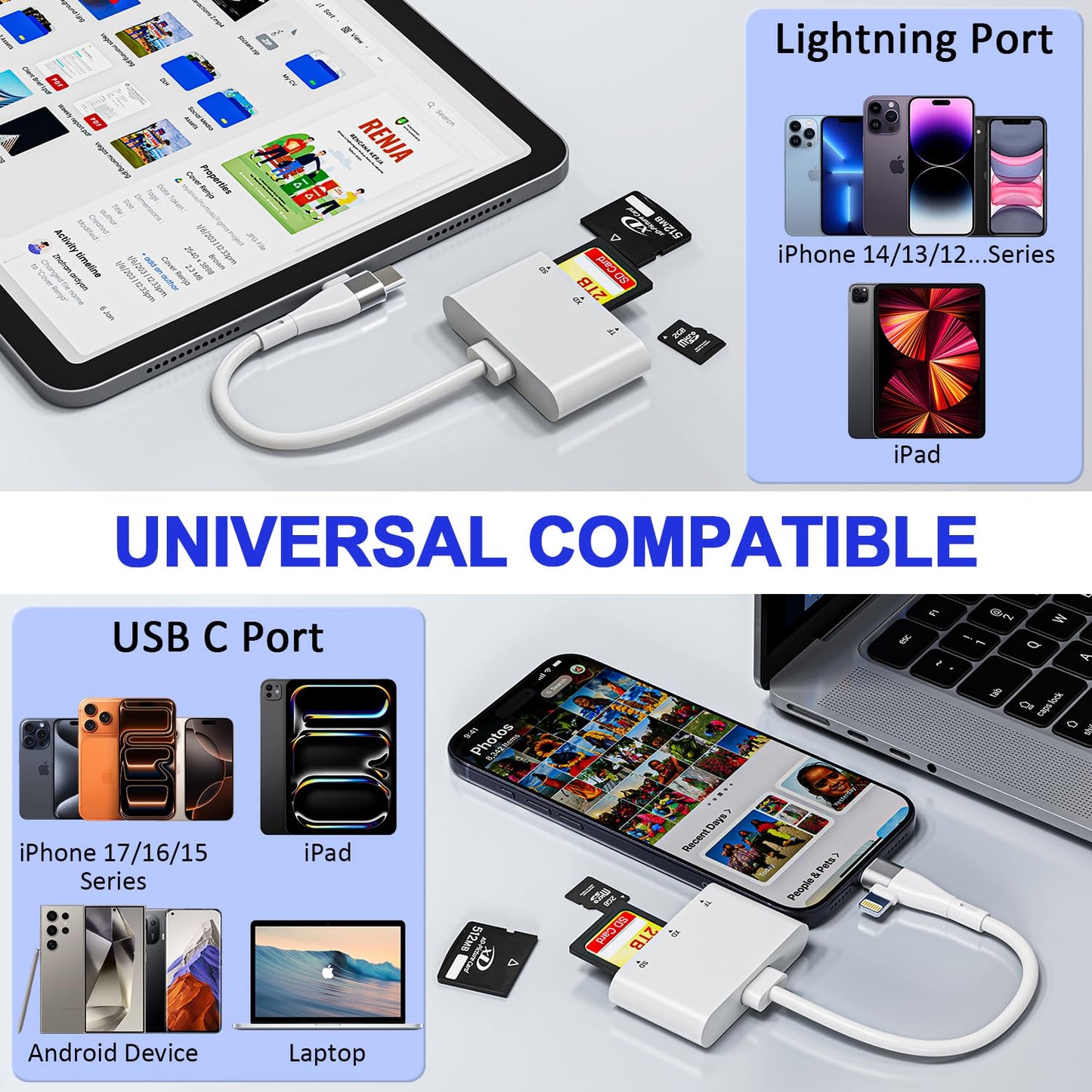 XD Picture Card Reader, 3 in 1 SD Card Reader for iPhone 17-6/iPad/MacBook/Android - Lightning & USB-C XD Card Adapter for XD/SD/MicroSD, Plug & Play