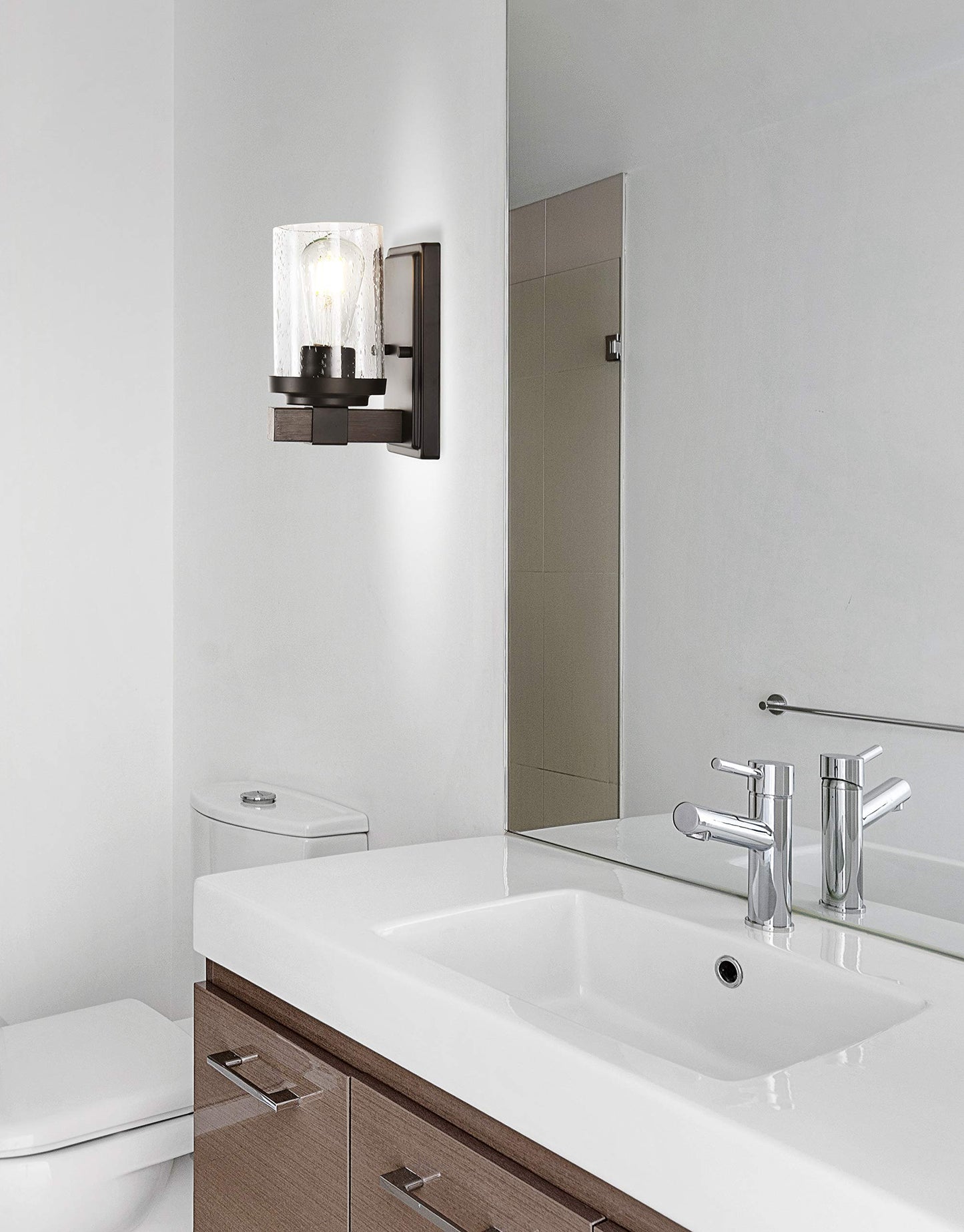 JONATHAN Y 4.5" Oil Rubbed Bronze LED Vanity Light, Rustic Farmhouse Sconce, Clear Seeded Glass Shade, Industrial Wall Lamp for Bathroom Mirror