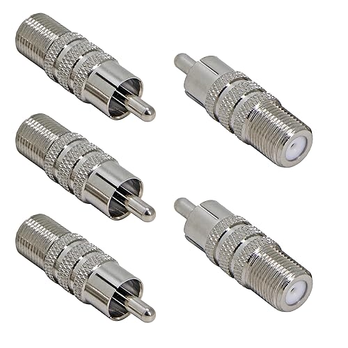 F Female to RCA Male, 5 Pack Coax to RCA Adapter Audio Video Connector for Subwoofer, Receiver, Atari Nintendo Game Console, Monitor