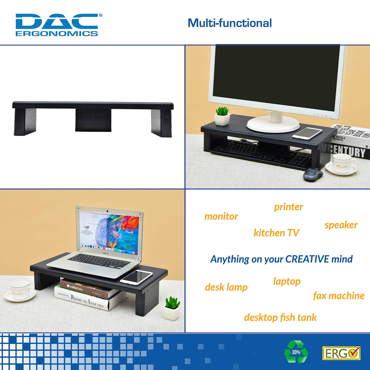 DAC STAX Ultrawide Adjustable, Stackable Desktop Computer Monitor Stand Laptop Riser, Supports up to 66 Pounds, with Keyboard Storage, Black (MP-211)
