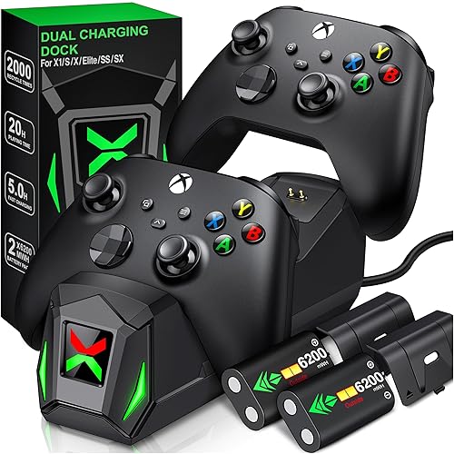 Upgraded Controller Charger Station with 2x6200mWh Rechargeable Battery Packs for Xbox One/Series X|S, Dual Charging Dock for Xbox One Battery Pack