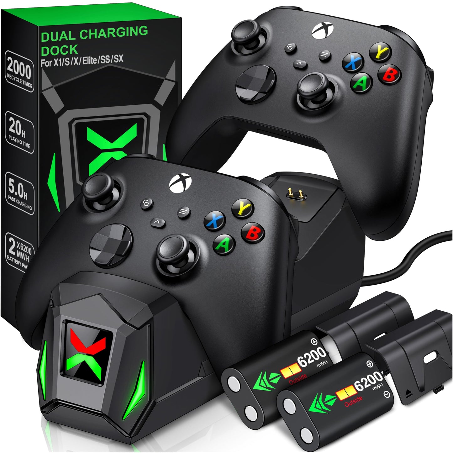 Upgraded Controller Charger Station with 2x6200mWh Rechargeable Battery Packs for Xbox One/Series X|S, Dual Charging Dock for Xbox One Battery Pack