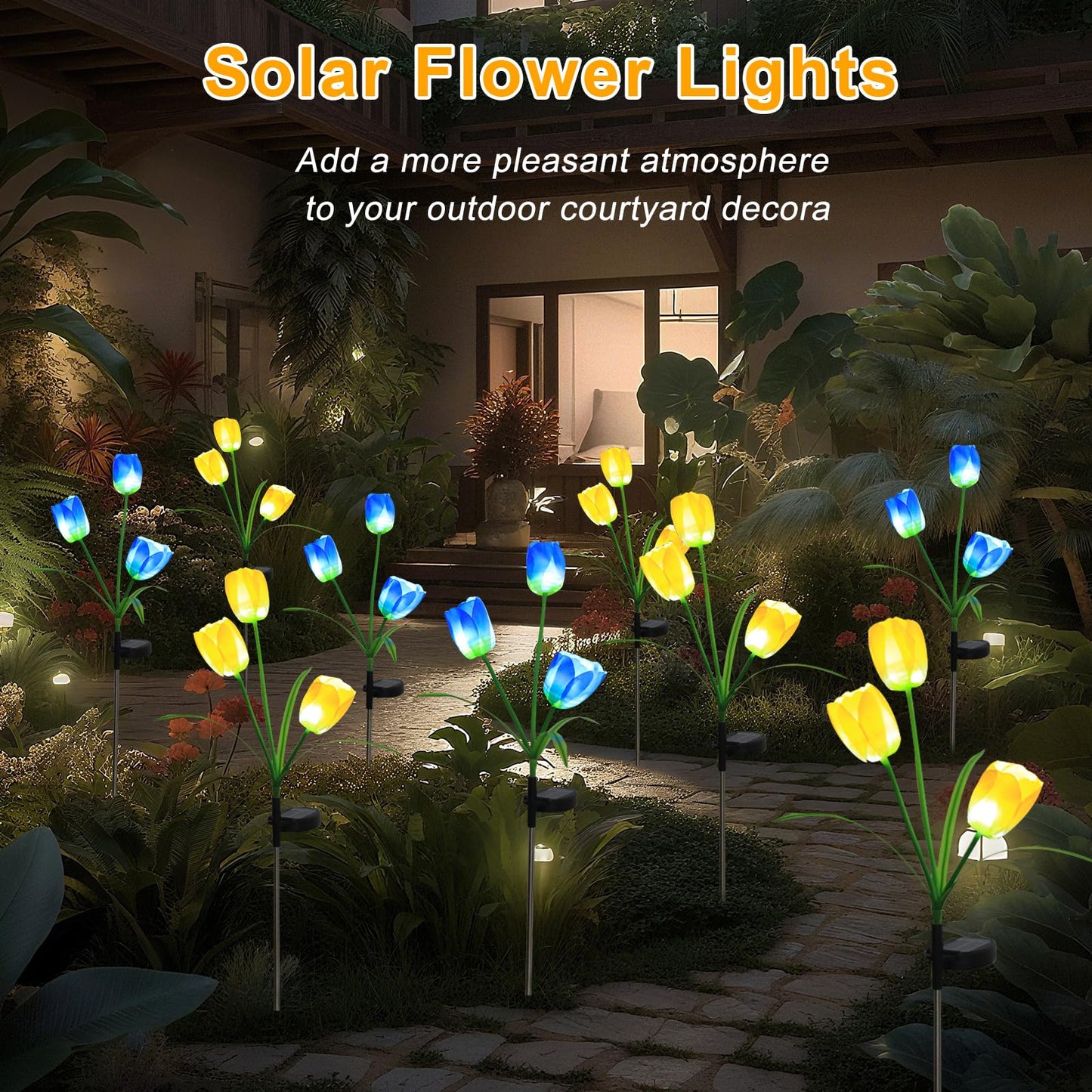 Aureate Horizon Garden 4 Pack LED Solar Flower Lights with More Realistic Tulips Flowers Solar Garden Lights Outdoor Waterproof for Yard Patio Lawn