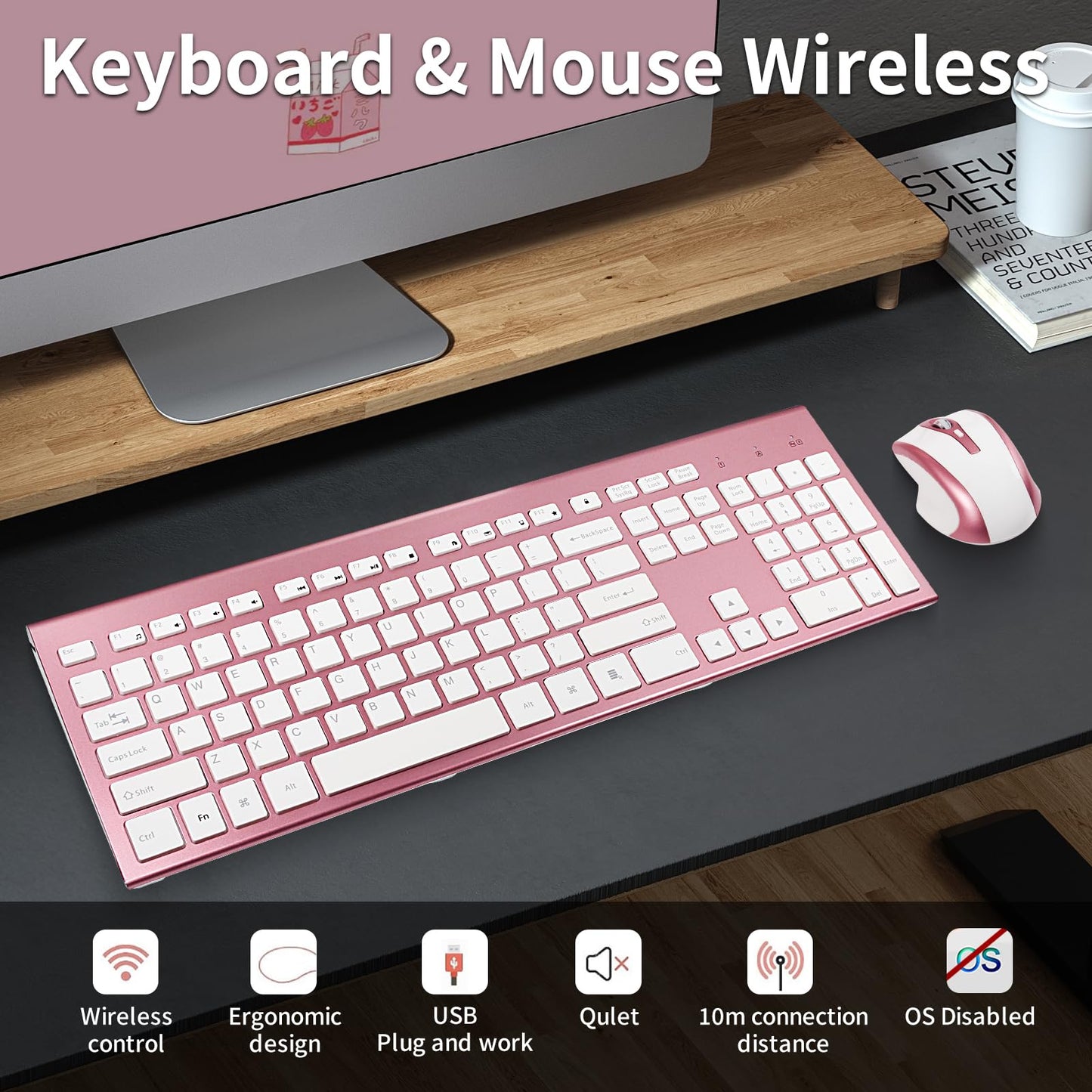 Wireless Keyboard and Mouse Combo 17inch Full Size 2.4G USB Ergonomic Slim Wireless Keyboard for PC Laptop Tablet Desktop Computer Windows Pink (Rose