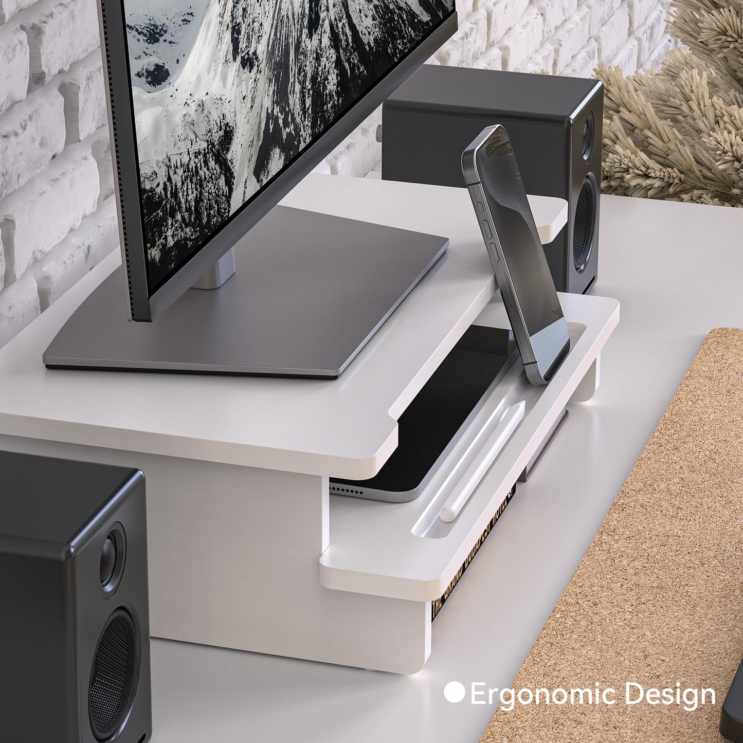 WELL WENG Monitor Stand Monitor Stand Riser for Desk,Wood Desk Shelf Storage Organizer with Phone Tablet Holder (16.5 Inch, White)