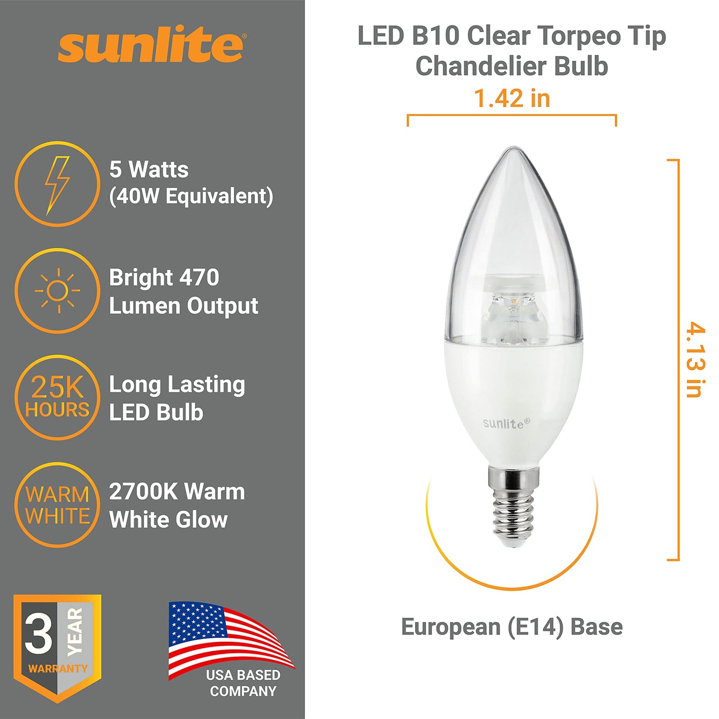Sunlite 41611 LED B10 Clear Torpedo Tip Chandelier Light Bulb, 5 Watts (40W Equivalent) 470 Lumens, European E14 Base, Dimmable, 2700K Soft White, 6