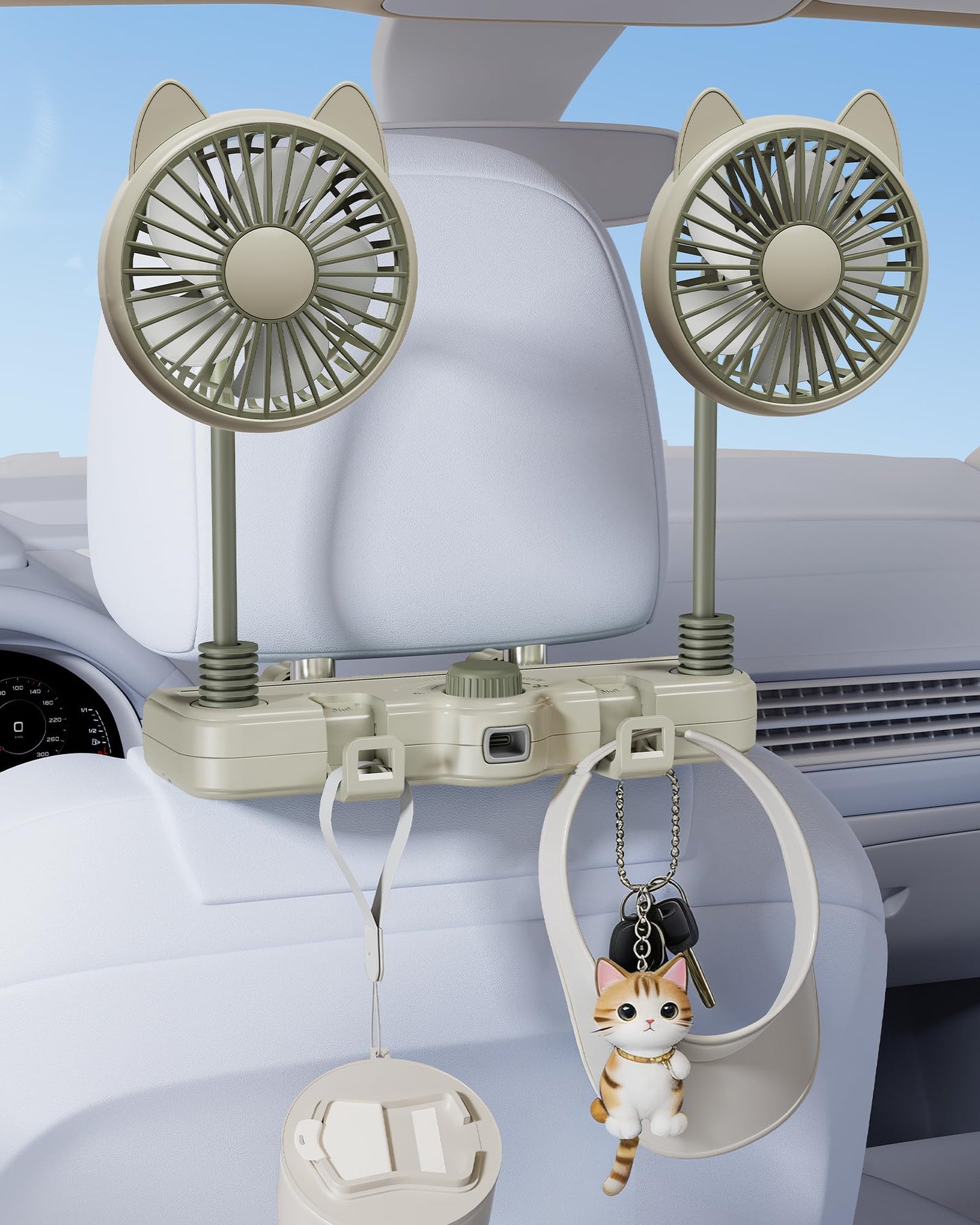 SCENEIN Cute Dual Head Gooseneck Car Cooling Fans for Back Seat for Kids, 3000mAh Battery Powered Rechargeable Usb Car Headrest Fan for Baby Rear