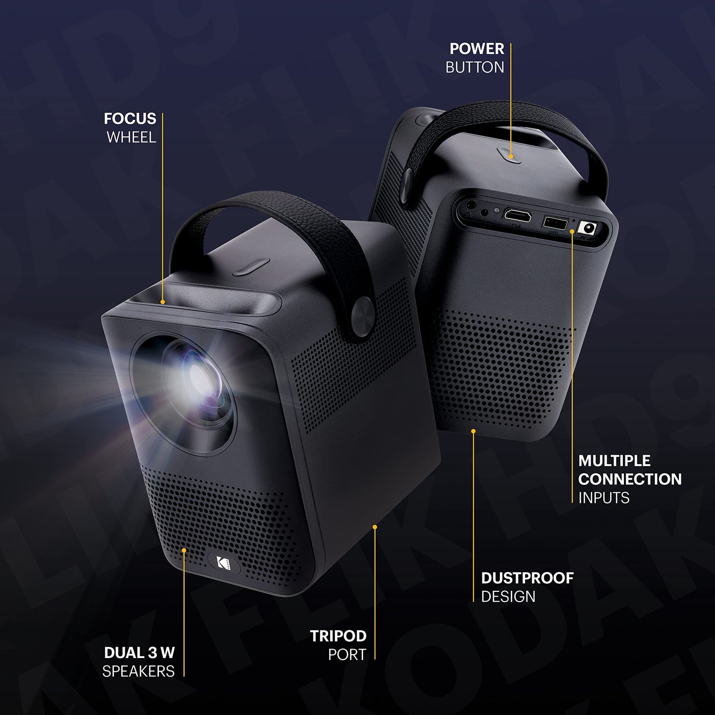 KODAK FLIK HD9 Smart Projector | Mini Black Portable Indoor & Outdoor Movie with Android TV Streaming Apps, Wi-Fi and Bluetooth, Built-In Speakers