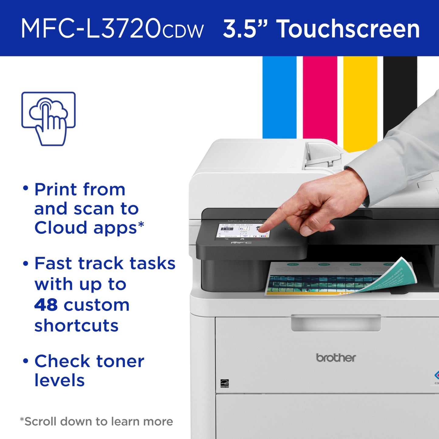 Brother MFC-L3720CDW Wireless Color Laser Printer with Scanner, Copier and Fax | Auto Duplex and 250-Sheet Capacity | Includes Refresh Subscription