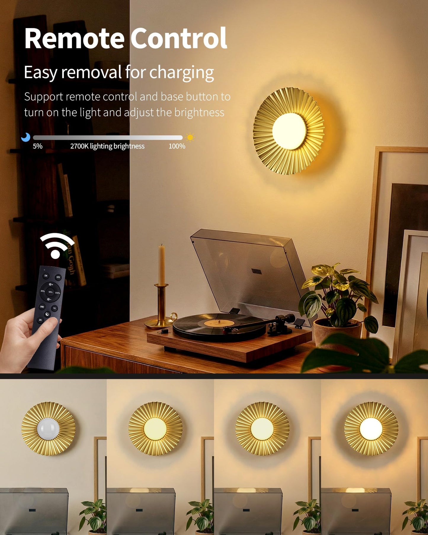 PUSU Cordless Gold Wall Sconces Set of 2, Battery Operated 5200mAh Rechargeable LED Round Pleated Dimmable Small Wall Light Lamps, Lighting