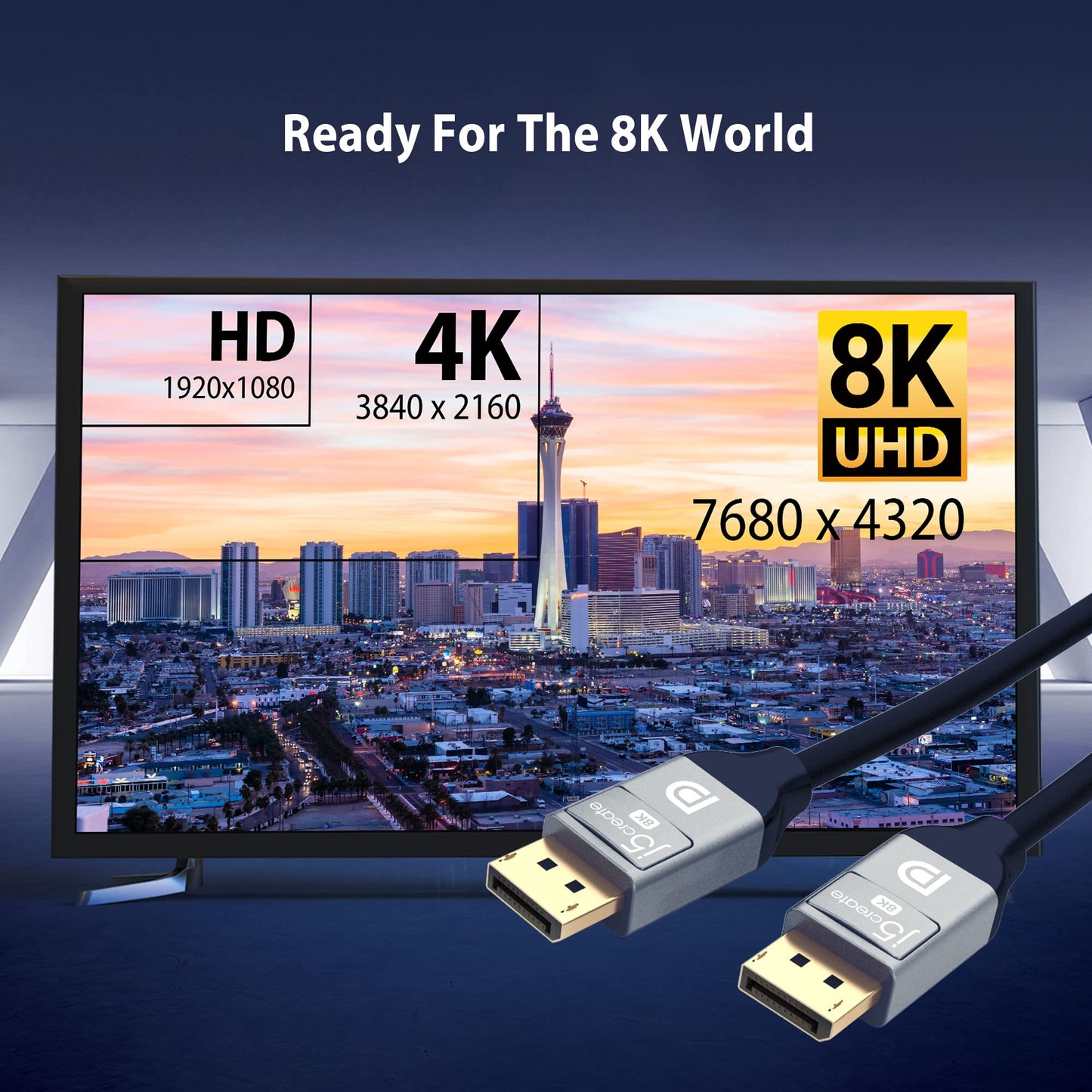 j5create VESA Certified 8K DisplayPort Cable, Supports DP 1.4, 4K@120Hz, 8K@60Hz, HDR for Gaming Monitor, TV, PC, Laptop - 6.6ft (JDC43)